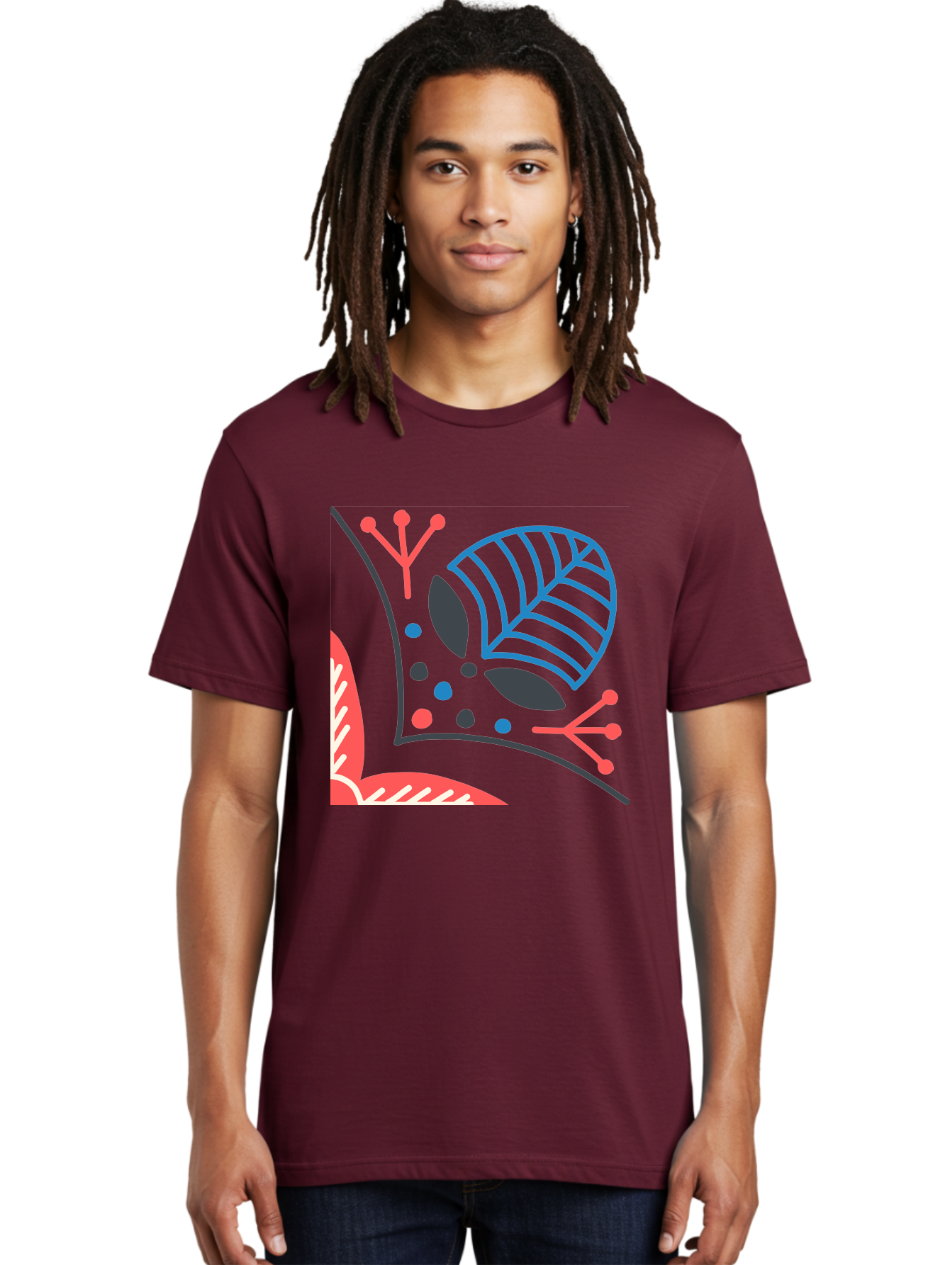 Abstract-Leaves Men'S Graphic Tee, 100% Cotton, Comfortable Casual Summer Wear, Machine Washable, Stylized Leaf, Abstract Foliage, Vibrant Colors, Playful Patterns, Blue Lines, Red Accents, Black Dots, Graphic Design Elements, Modern Art, Aab658 24