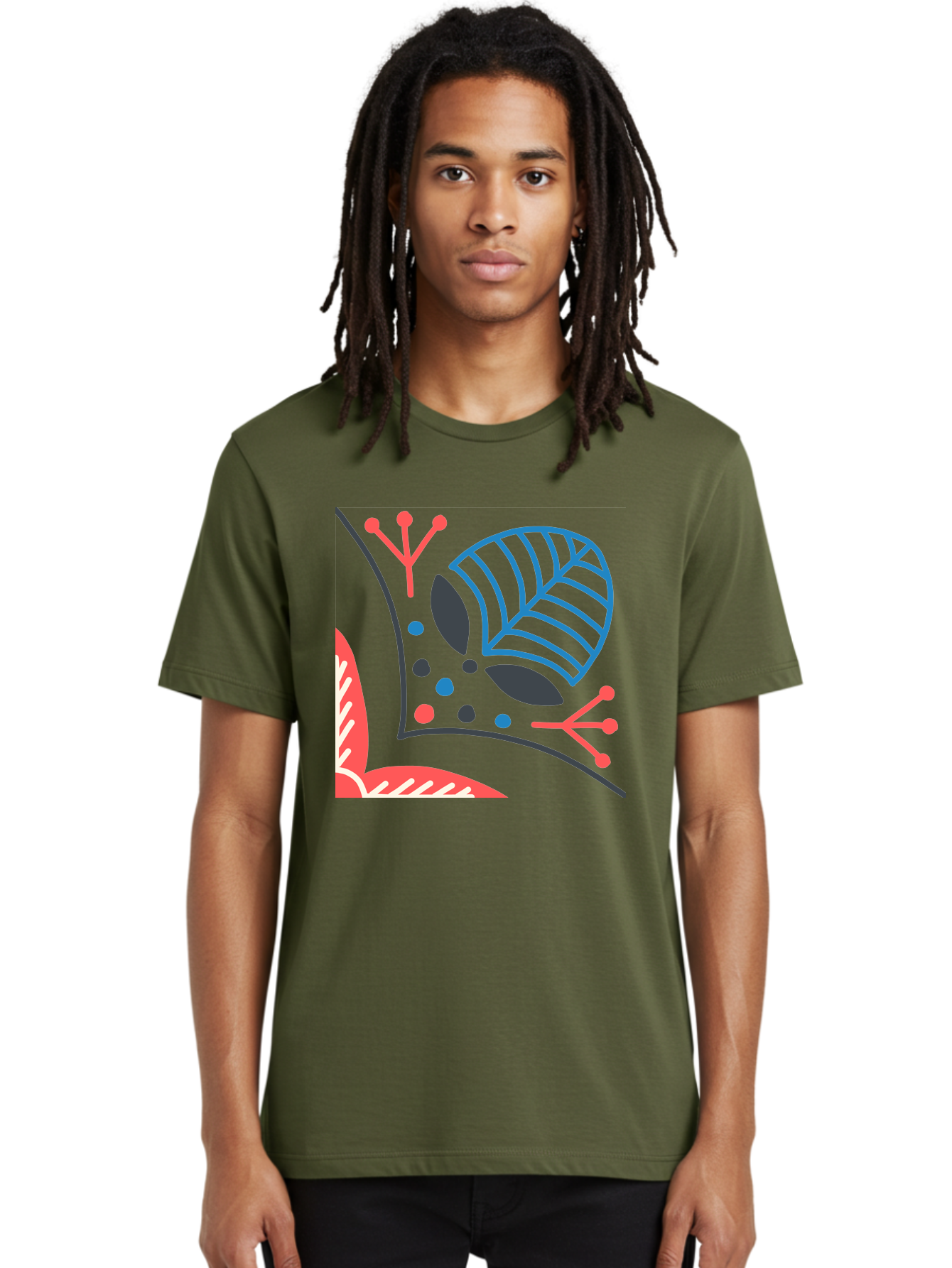 Abstract-Leaves Men'S Graphic Tee, 100% Cotton, Comfortable Casual Summer Wear, Machine Washable, Stylized Leaf, Abstract Foliage, Vibrant Colors, Playful Patterns, Blue Lines, Red Accents, Black Dots, Graphic Design Elements, Modern Art, Aab658 14