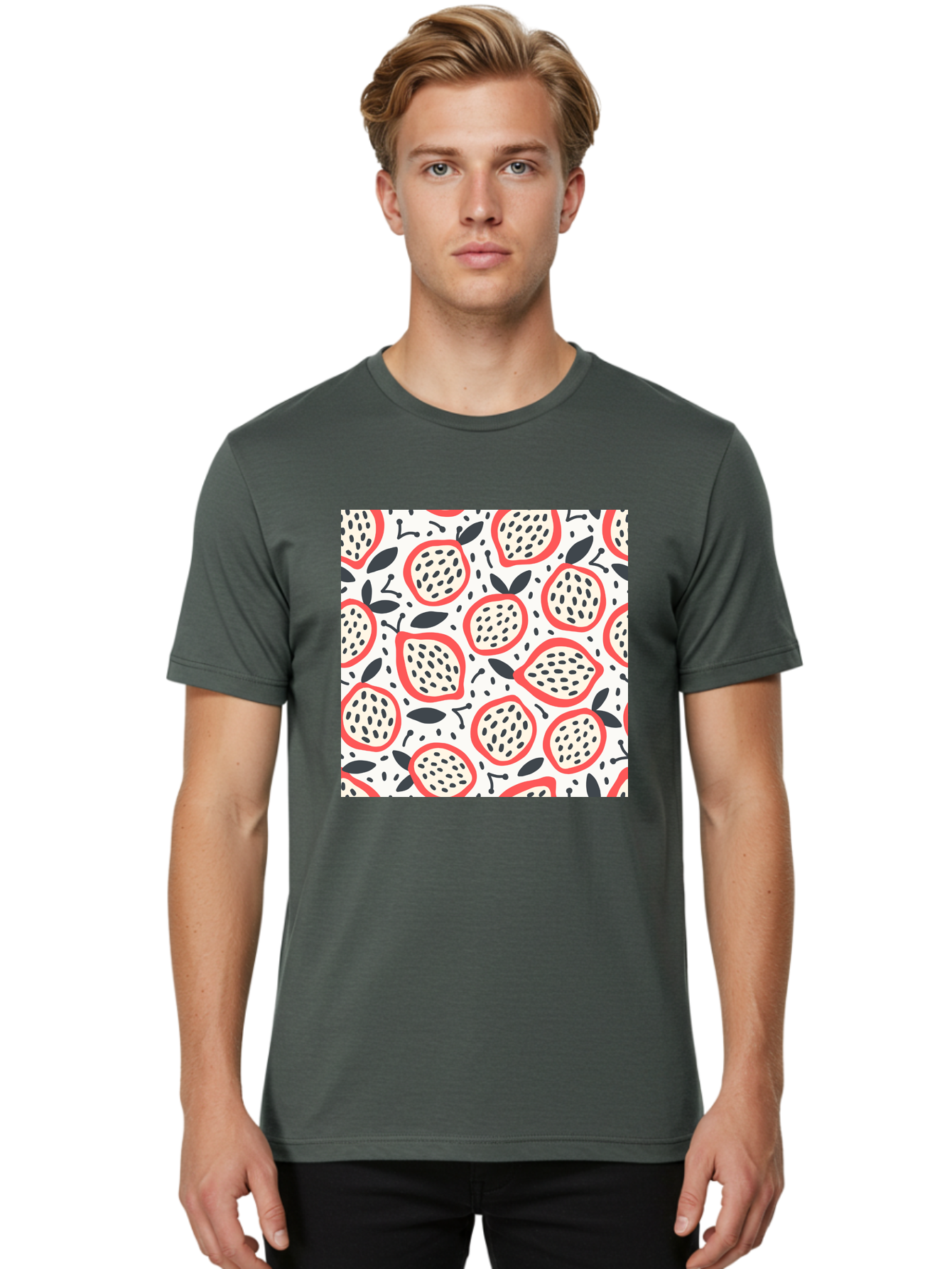 Apples-Pattern Men'S Graphic Tee, 100% Cotton, Comfortable Casual Summer Wear, Machine Washable, Lemon Pattern, Citrus Fruits, Red Outline, Black Seeds, Gray Leaves, White Background, Seamless Design, Fruit Illustration, Summery Vibe, Aab659 8