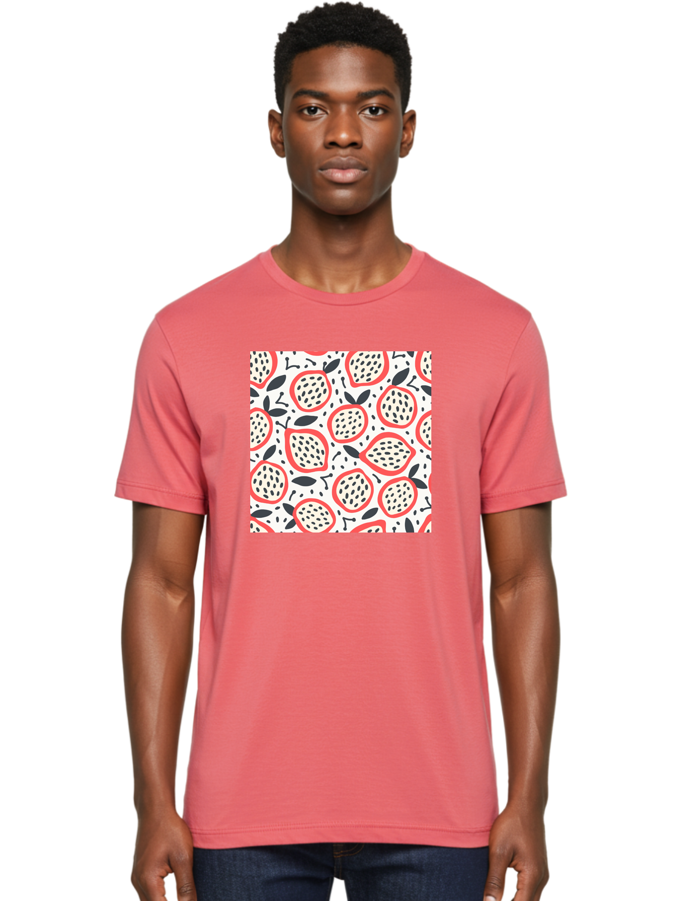 Apples-Pattern Men'S Graphic Tee, 100% Cotton, Comfortable Casual Summer Wear, Machine Washable, Lemon Pattern, Citrus Fruits, Red Outline, Black Seeds, Gray Leaves, White Background, Seamless Design, Fruit Illustration, Summery Vibe, Aab659 24