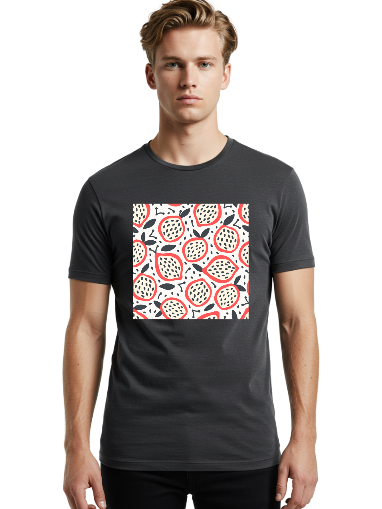 Apples-Pattern Men'S Graphic Tee, 100% Cotton, Comfortable Casual Summer Wear, Machine Washable, Lemon Pattern, Citrus Fruits, Red Outline, Black Seeds, Gray Leaves, White Background, Seamless Design, Fruit Illustration, Summery Vibe, Aab659 12