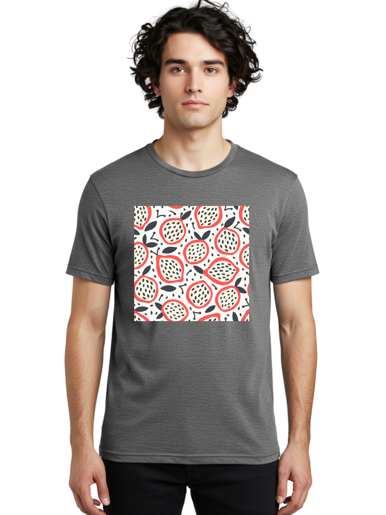 Apples-Pattern Men'S Graphic Tee, 100% Cotton, Comfortable Casual Summer Wear, Machine Washable, Lemon Pattern, Citrus Fruits, Red Outline, Black Seeds, Gray Leaves, White Background, Seamless Design, Fruit Illustration, Summery Vibe, Aab659 28