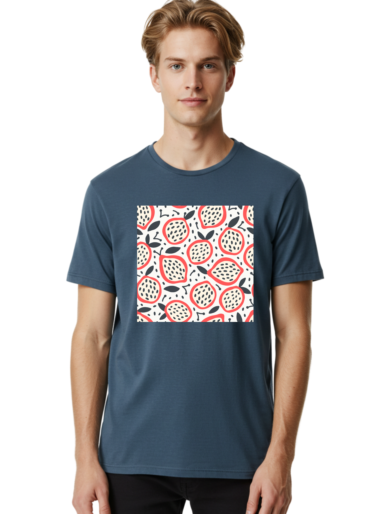 Apples-Pattern Men'S Graphic Tee, 100% Cotton, Comfortable Casual Summer Wear, Machine Washable, Lemon Pattern, Citrus Fruits, Red Outline, Black Seeds, Gray Leaves, White Background, Seamless Design, Fruit Illustration, Summery Vibe, Aab659 10