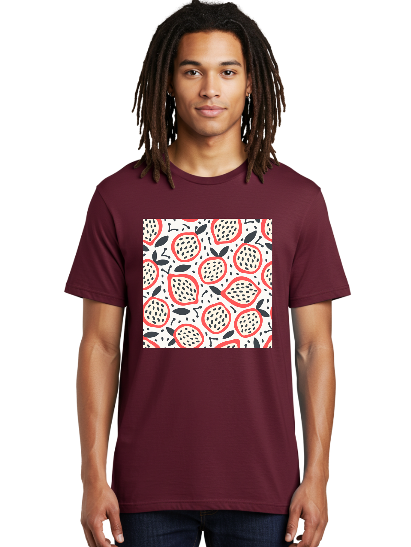 Apples-Pattern Men'S Graphic Tee, 100% Cotton, Comfortable Casual Summer Wear, Machine Washable, Lemon Pattern, Citrus Fruits, Red Outline, Black Seeds, Gray Leaves, White Background, Seamless Design, Fruit Illustration, Summery Vibe, Aab659 22