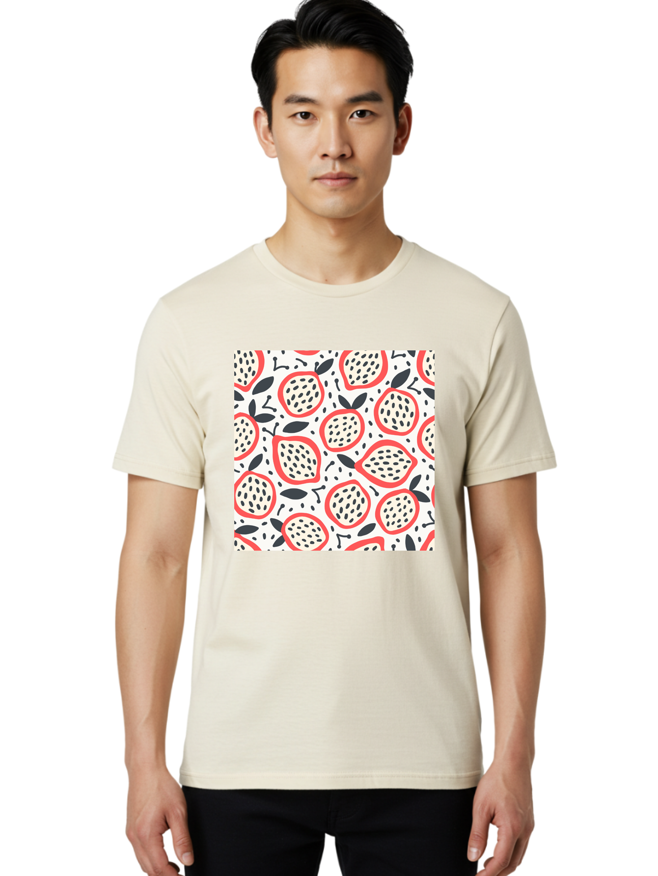 Apples-Pattern Men'S Graphic Tee, 100% Cotton, Comfortable Casual Summer Wear, Machine Washable, Lemon Pattern, Citrus Fruits, Red Outline, Black Seeds, Gray Leaves, White Background, Seamless Design, Fruit Illustration, Summery Vibe, Aab659 26