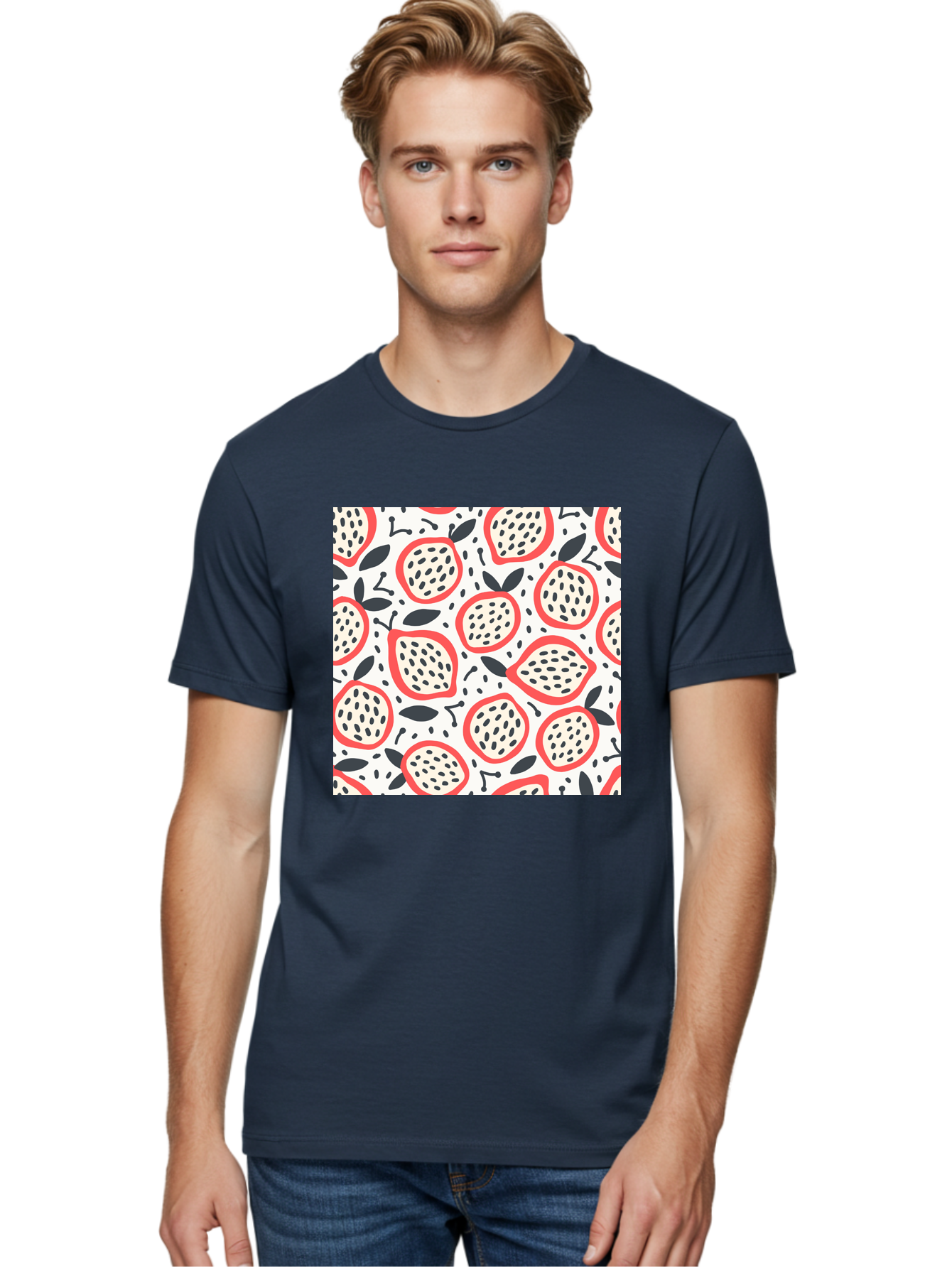 Apples-Pattern Men'S Graphic Tee, 100% Cotton, Comfortable Casual Summer Wear, Machine Washable, Lemon Pattern, Citrus Fruits, Red Outline, Black Seeds, Gray Leaves, White Background, Seamless Design, Fruit Illustration, Summery Vibe, Aab659 16