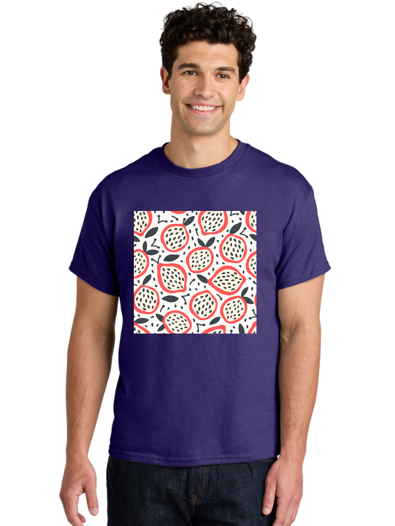 Apples-Pattern Men'S Graphic Tee, 100% Cotton, Comfortable Casual Summer Wear, Machine Washable, Lemon Pattern, Citrus Fruits, Red Outline, Black Seeds, Gray Leaves, White Background, Seamless Design, Fruit Illustration, Summery Vibe, Aab659 6