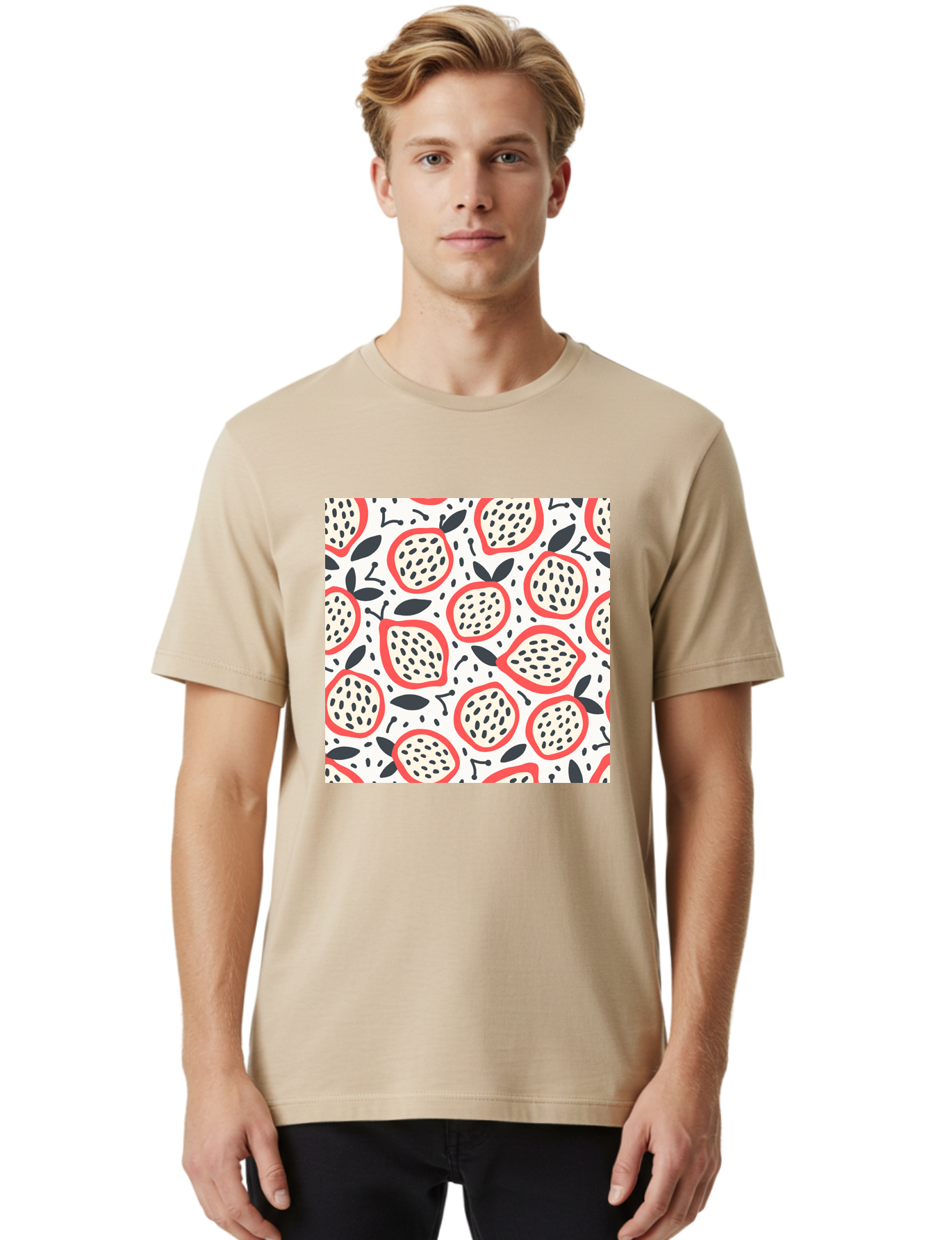 Apples-Pattern Men'S Graphic Tee, 100% Cotton, Comfortable Casual Summer Wear, Machine Washable, Lemon Pattern, Citrus Fruits, Red Outline, Black Seeds, Gray Leaves, White Background, Seamless Design, Fruit Illustration, Summery Vibe, Aab659 4