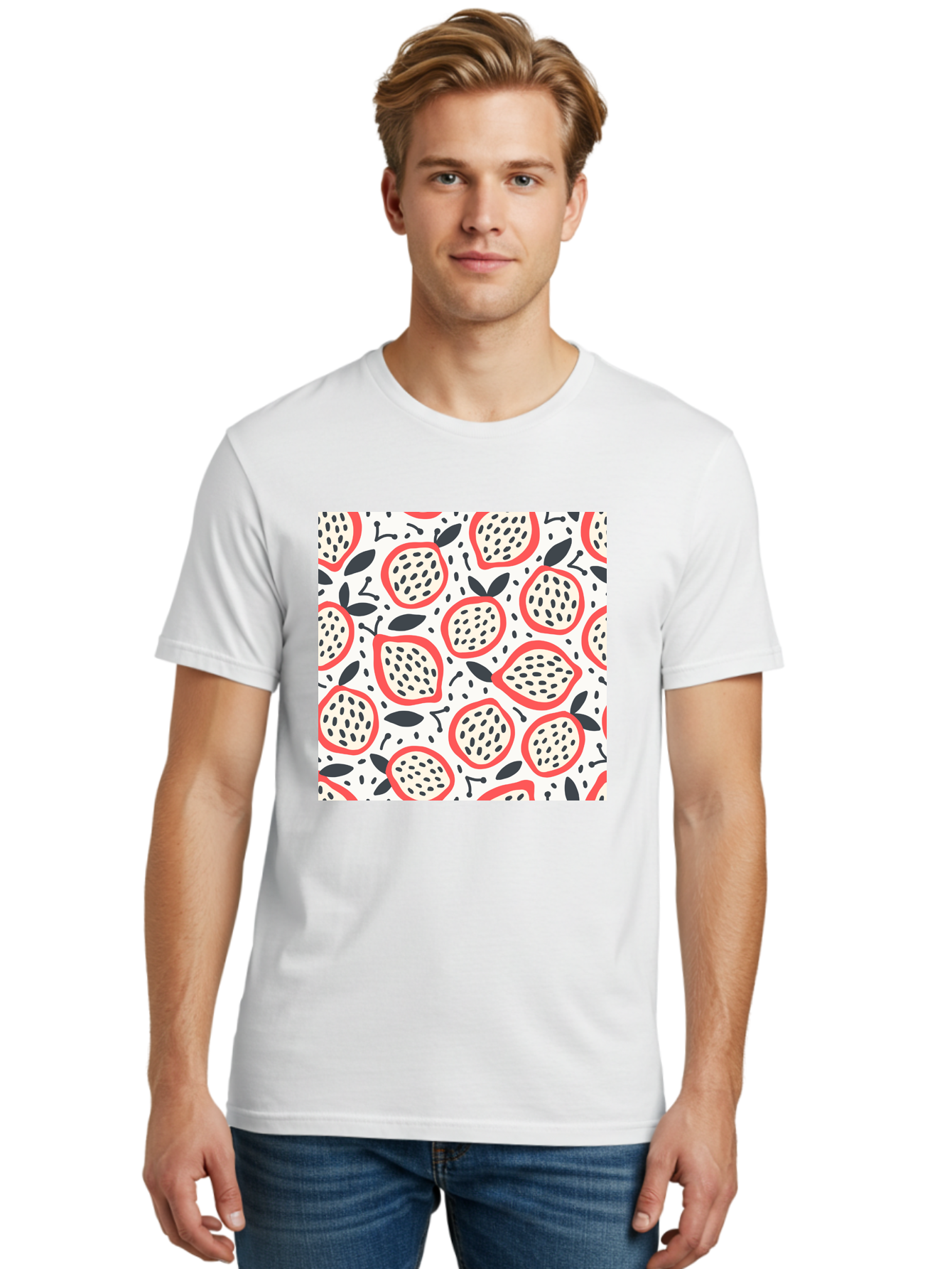 Apples-Pattern Men'S Graphic Tee, 100% Cotton, Comfortable Casual Summer Wear, Machine Washable, Lemon Pattern, Citrus Fruits, Red Outline, Black Seeds, Gray Leaves, White Background, Seamless Design, Fruit Illustration, Summery Vibe, Aab659 30