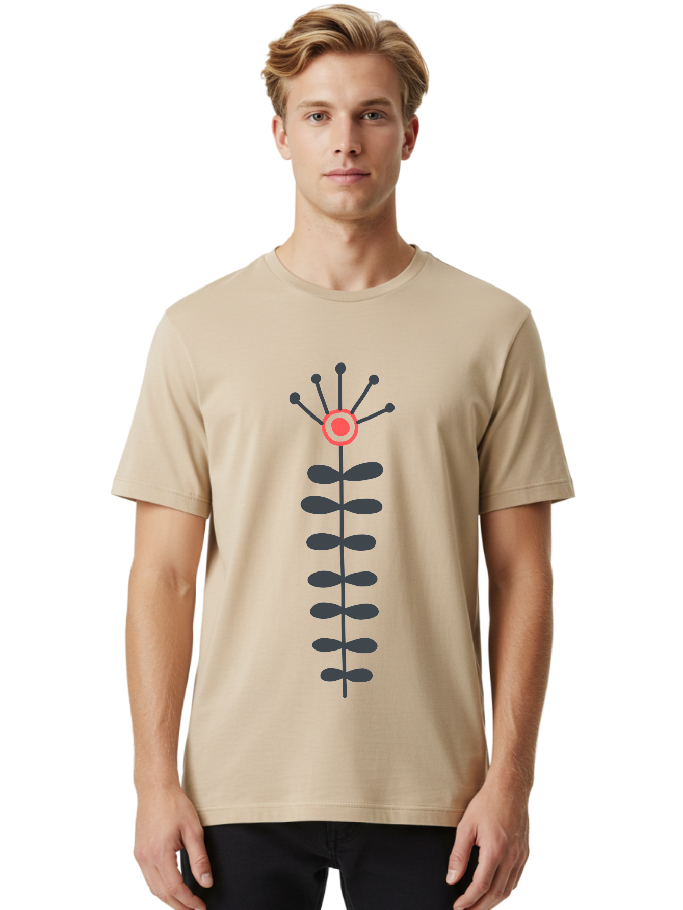 Atom Men'S Graphic Tee, 100% Cotton, Comfortable Casual Summer Wear, Machine Washable, Minimalist Flower Design, Simple Icon, Floral Symbol, Modern Graphic, Grey Petals, Pink Center Aab660 26