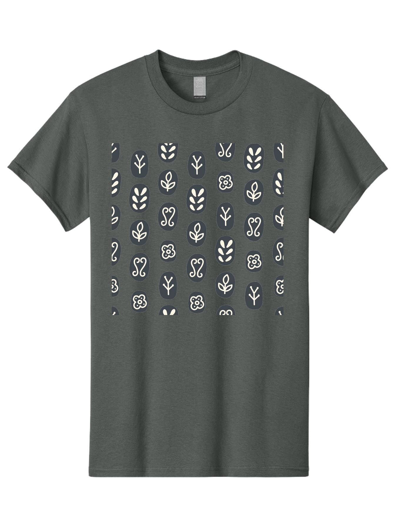 Black-Ovals-With-White-Leaves Men'S Graphic Tee, 100% Cotton, Comfortable Casual Summer Wear, Machine Washable, Repeating Pattern, Gray Ovals, White Floral Designs, Botanical Motifs, Abstract Shapes, Graphic Design Elements, Minimalist Art, Aab664 27
