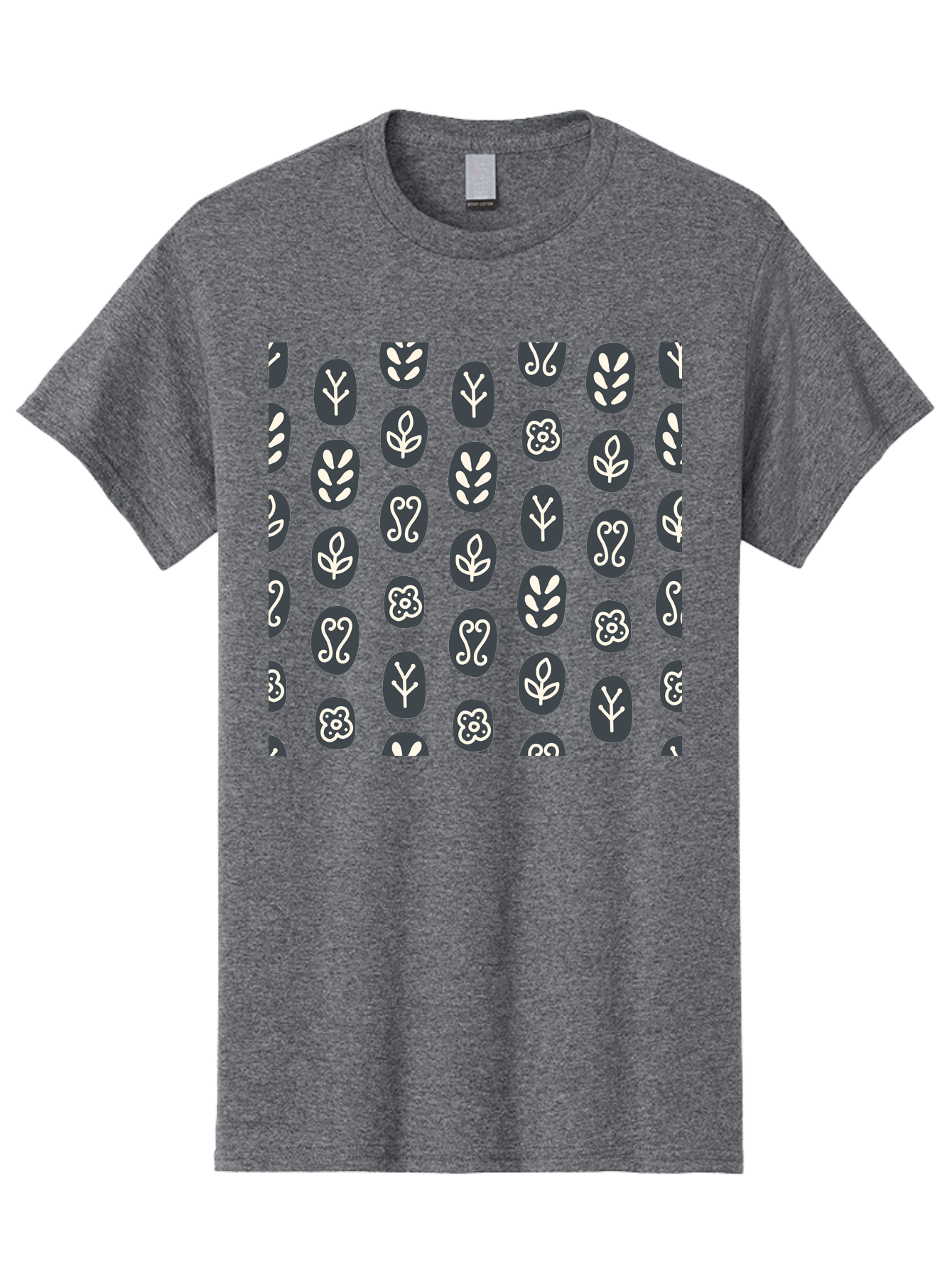 Black-Ovals-With-White-Leaves Men'S Graphic Tee, 100% Cotton, Comfortable Casual Summer Wear, Machine Washable, Repeating Pattern, Gray Ovals, White Floral Designs, Botanical Motifs, Abstract Shapes, Graphic Design Elements, Minimalist Art, Aab664 23