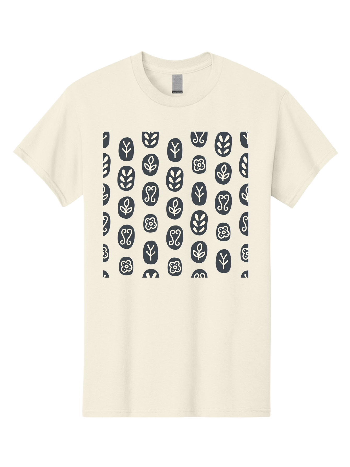 Black-Ovals-With-White-Leaves Men'S Graphic Tee, 100% Cotton, Comfortable Casual Summer Wear, Machine Washable, Repeating Pattern, Gray Ovals, White Floral Designs, Botanical Motifs, Abstract Shapes, Graphic Design Elements, Minimalist Art, Aab664 3