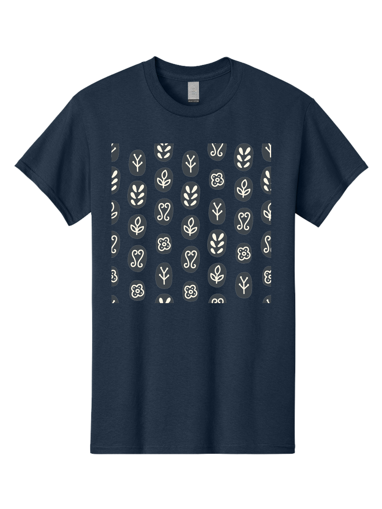 Black-Ovals-With-White-Leaves Men'S Graphic Tee, 100% Cotton, Comfortable Casual Summer Wear, Machine Washable, Repeating Pattern, Gray Ovals, White Floral Designs, Botanical Motifs, Abstract Shapes, Graphic Design Elements, Minimalist Art, Aab664 17