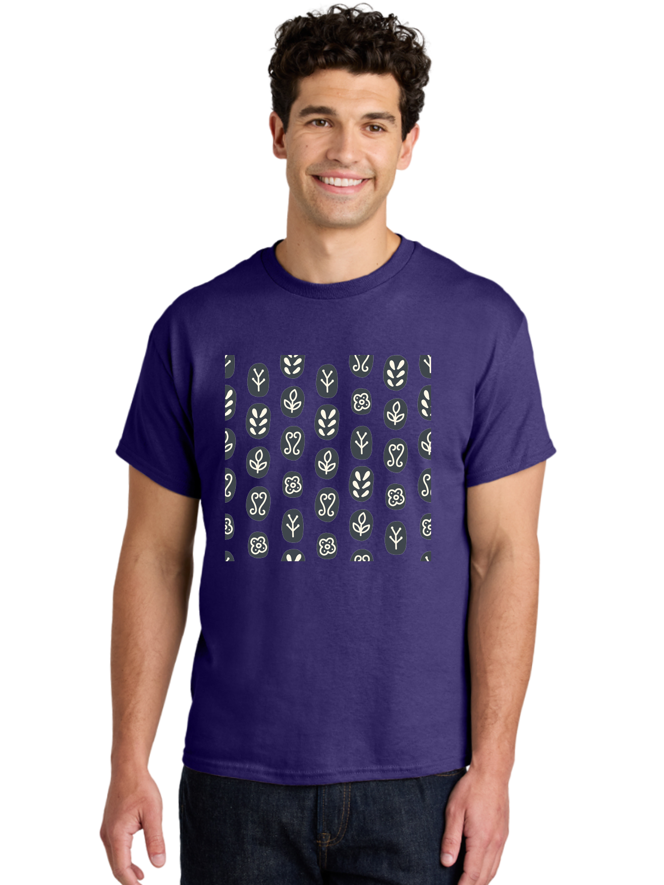 Black-Ovals-With-White-Leaves Men'S Graphic Tee, 100% Cotton, Comfortable Casual Summer Wear, Machine Washable, Repeating Pattern, Gray Ovals, White Floral Designs, Botanical Motifs, Abstract Shapes, Graphic Design Elements, Minimalist Art, Aab664 6