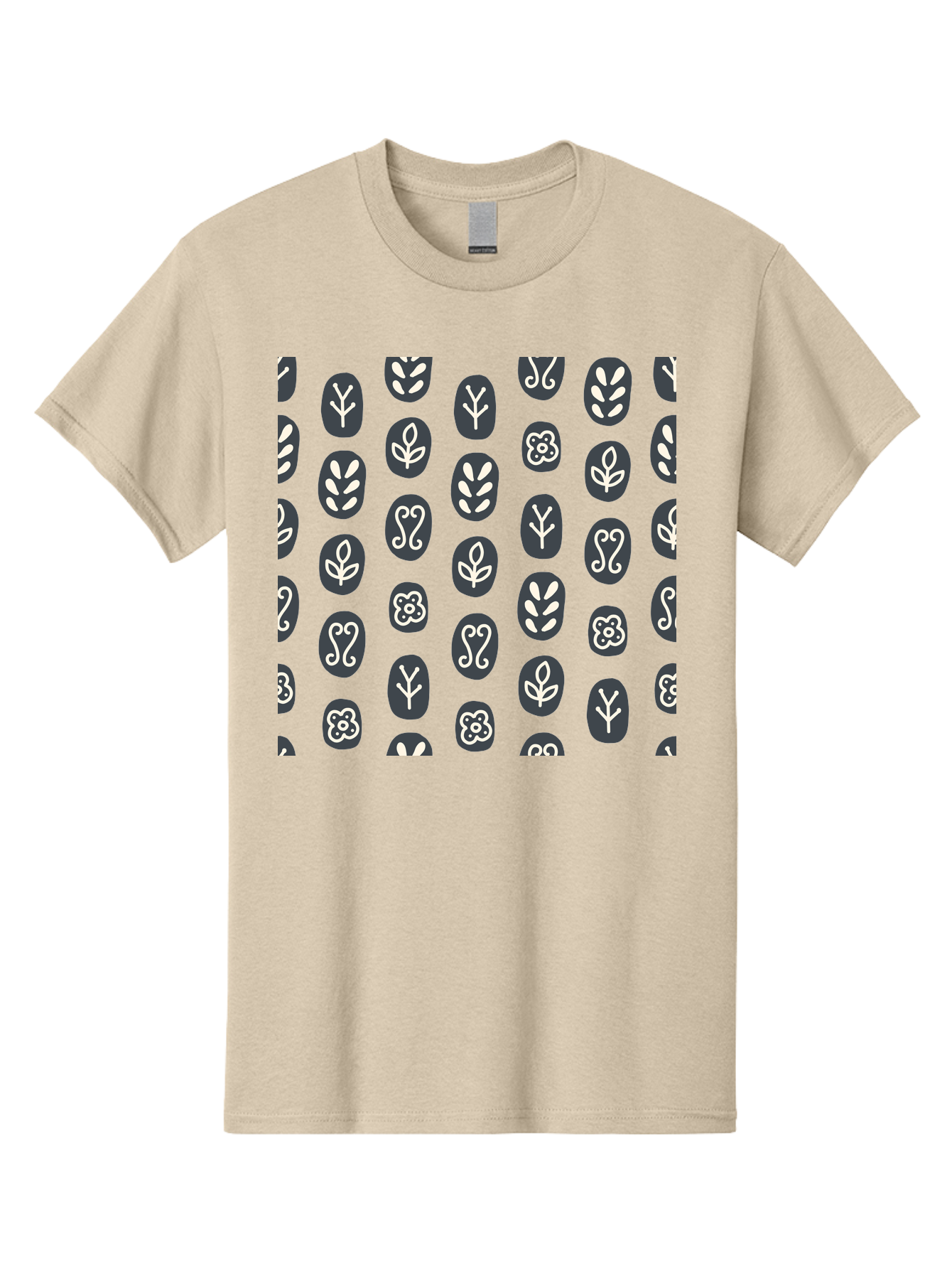 Black-Ovals-With-White-Leaves Men'S Graphic Tee, 100% Cotton, Comfortable Casual Summer Wear, Machine Washable, Repeating Pattern, Gray Ovals, White Floral Designs, Botanical Motifs, Abstract Shapes, Graphic Design Elements, Minimalist Art, Aab664 11