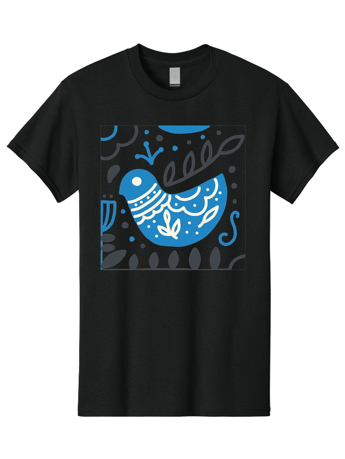 Blue-Bird Men'S Graphic Tee, 100% Cotton, Comfortable Casual Summer Wear, Machine Washable, Blue Bird, Floral Patterns, Whimsical Design, Abstract Shapes, Leaves, Dots, Artistic Expression, Creative Illustration, Modern Art, Bird Silhouette Aab665 3
