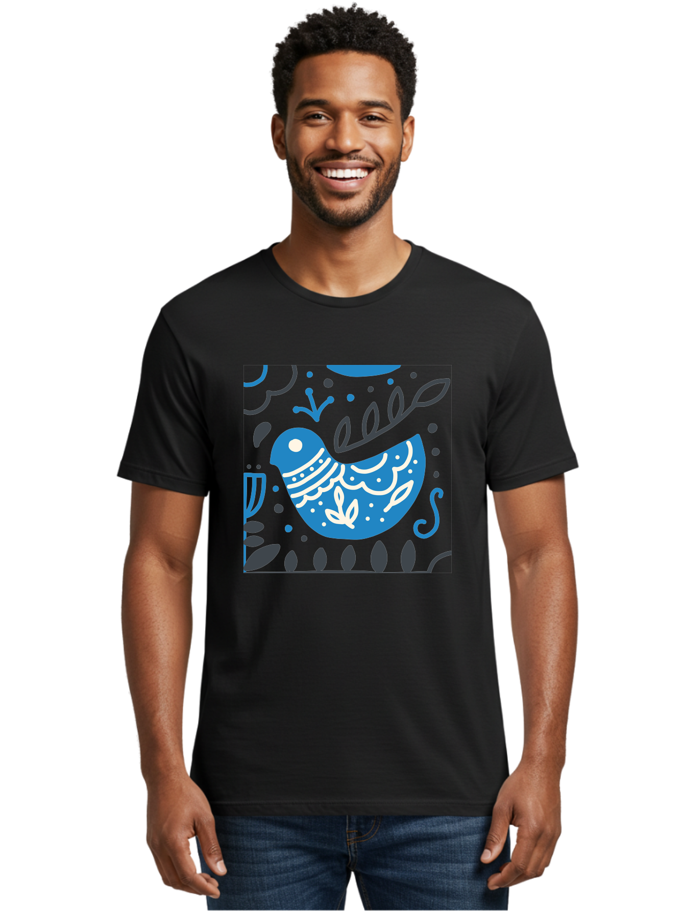 Blue-Bird Men'S Graphic Tee, 100% Cotton, Comfortable Casual Summer Wear, Machine Washable, Blue Bird, Floral Patterns, Whimsical Design, Abstract Shapes, Leaves, Dots, Artistic Expression, Creative Illustration, Modern Art, Bird Silhouette Aab665 4