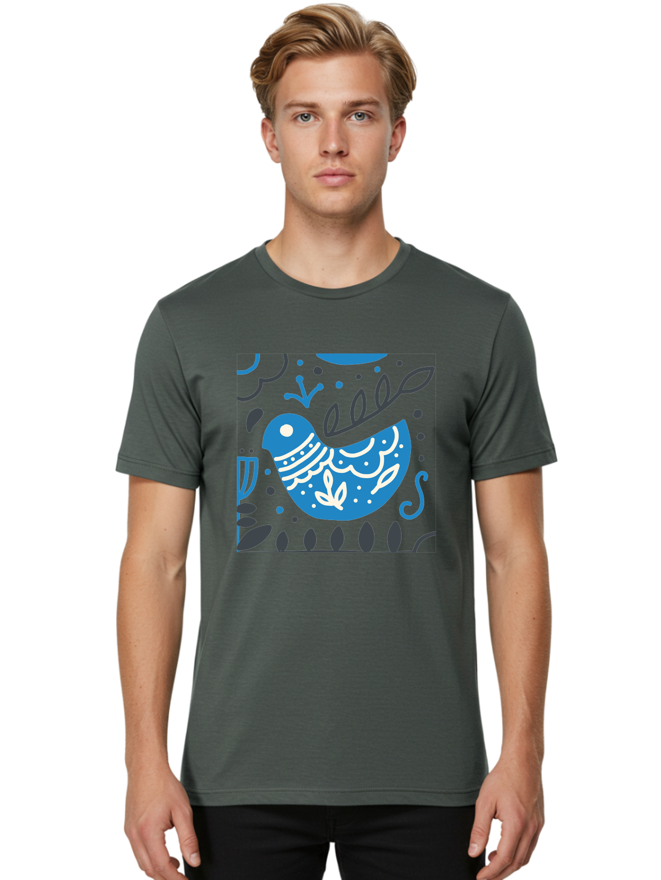 Blue-Bird Men'S Graphic Tee, 100% Cotton, Comfortable Casual Summer Wear, Machine Washable, Blue Bird, Floral Patterns, Whimsical Design, Abstract Shapes, Leaves, Dots, Artistic Expression, Creative Illustration, Modern Art, Bird Silhouette Aab665 24