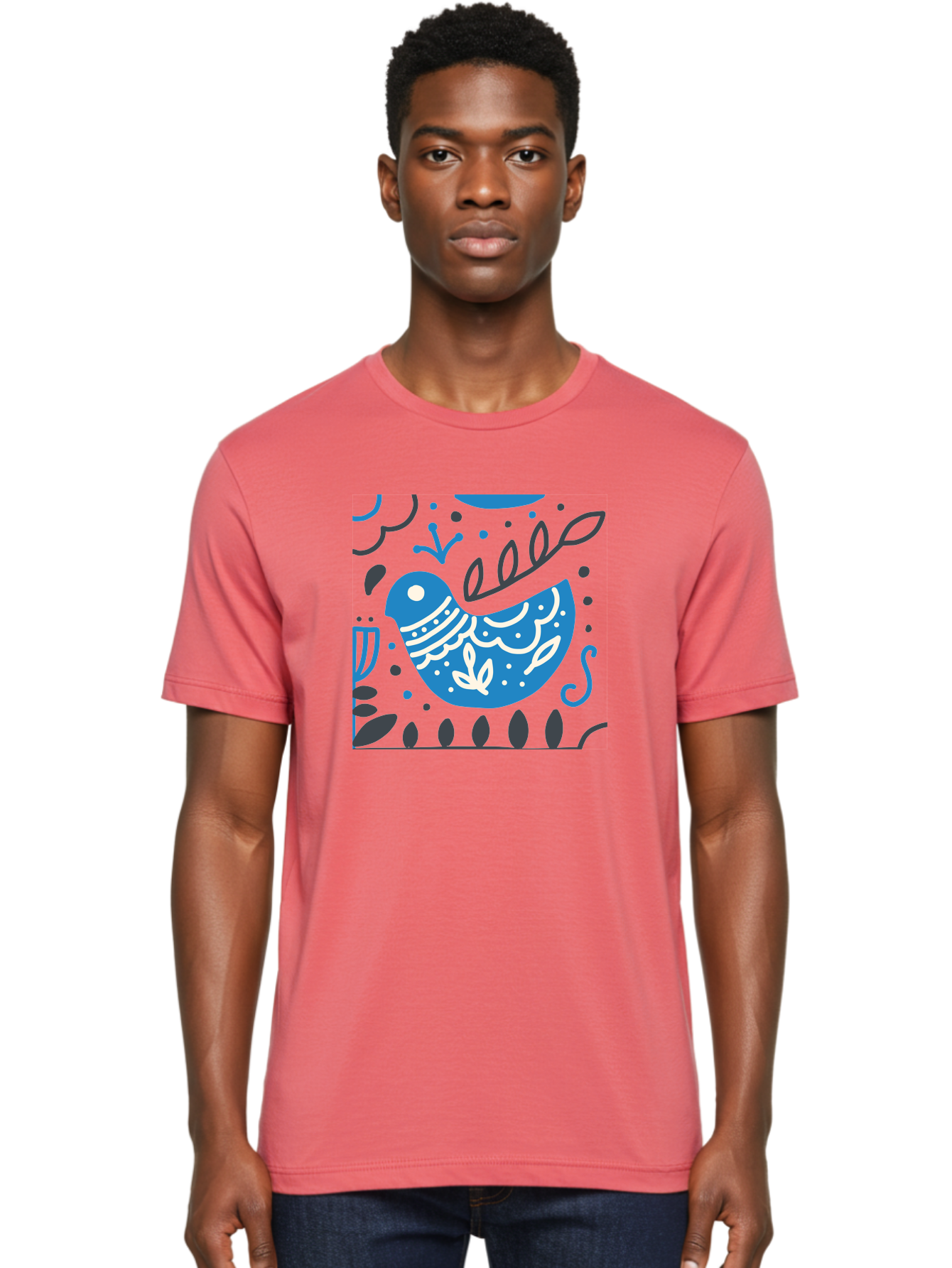 Blue-Bird Men'S Graphic Tee, 100% Cotton, Comfortable Casual Summer Wear, Machine Washable, Blue Bird, Floral Patterns, Whimsical Design, Abstract Shapes, Leaves, Dots, Artistic Expression, Creative Illustration, Modern Art, Bird Silhouette Aab665 10