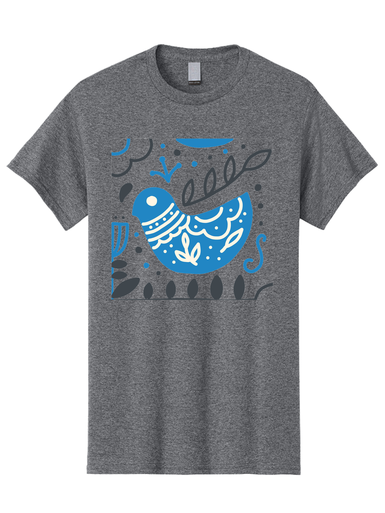 Blue-Bird Men'S Graphic Tee, 100% Cotton, Comfortable Casual Summer Wear, Machine Washable, Blue Bird, Floral Patterns, Whimsical Design, Abstract Shapes, Leaves, Dots, Artistic Expression, Creative Illustration, Modern Art, Bird Silhouette Aab665 5