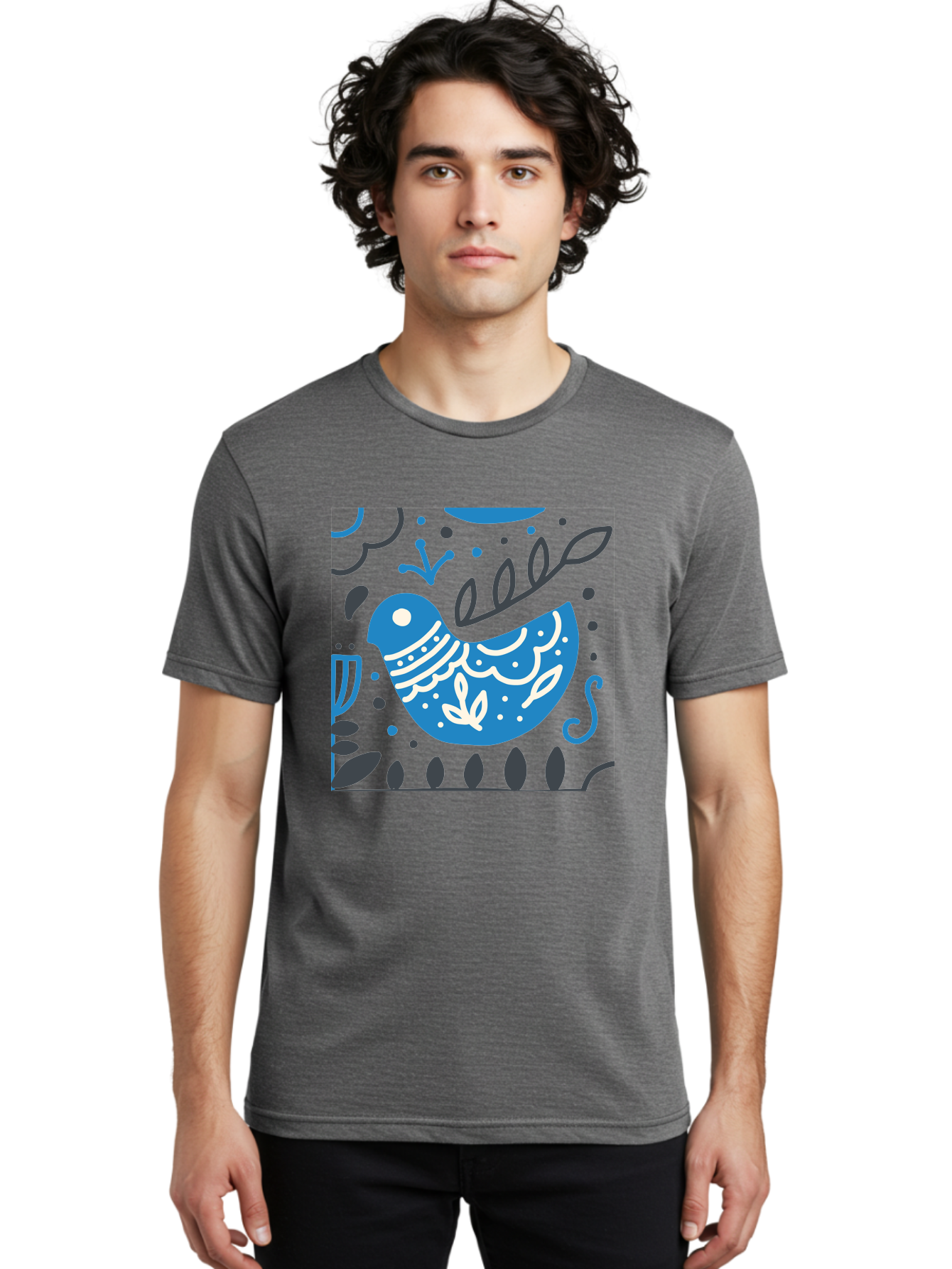 Blue-Bird Men'S Graphic Tee, 100% Cotton, Comfortable Casual Summer Wear, Machine Washable, Blue Bird, Floral Patterns, Whimsical Design, Abstract Shapes, Leaves, Dots, Artistic Expression, Creative Illustration, Modern Art, Bird Silhouette Aab665 6