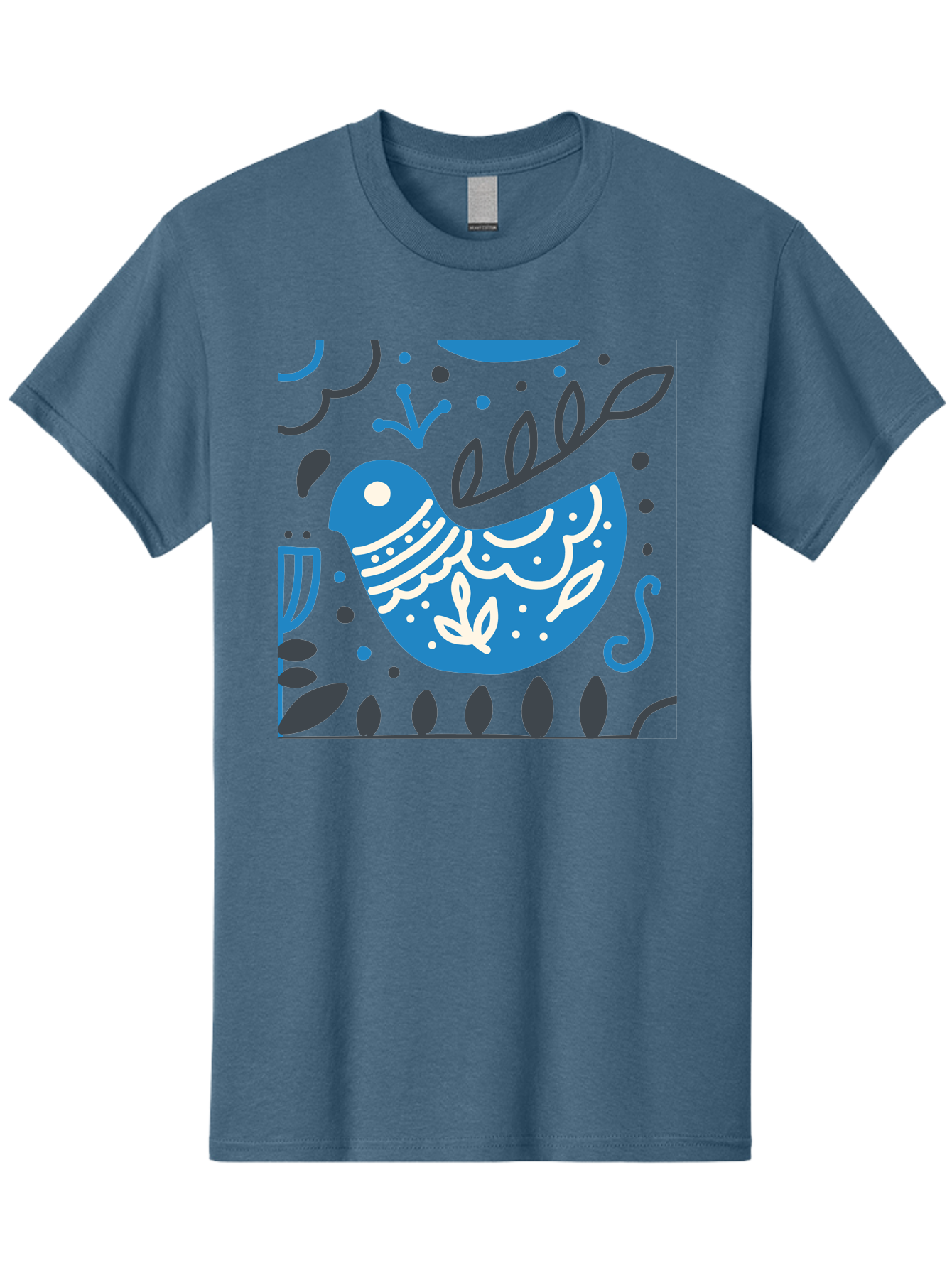 Blue-Bird Men'S Graphic Tee, 100% Cotton, Comfortable Casual Summer Wear, Machine Washable, Blue Bird, Floral Patterns, Whimsical Design, Abstract Shapes, Leaves, Dots, Artistic Expression, Creative Illustration, Modern Art, Bird Silhouette Aab665 13