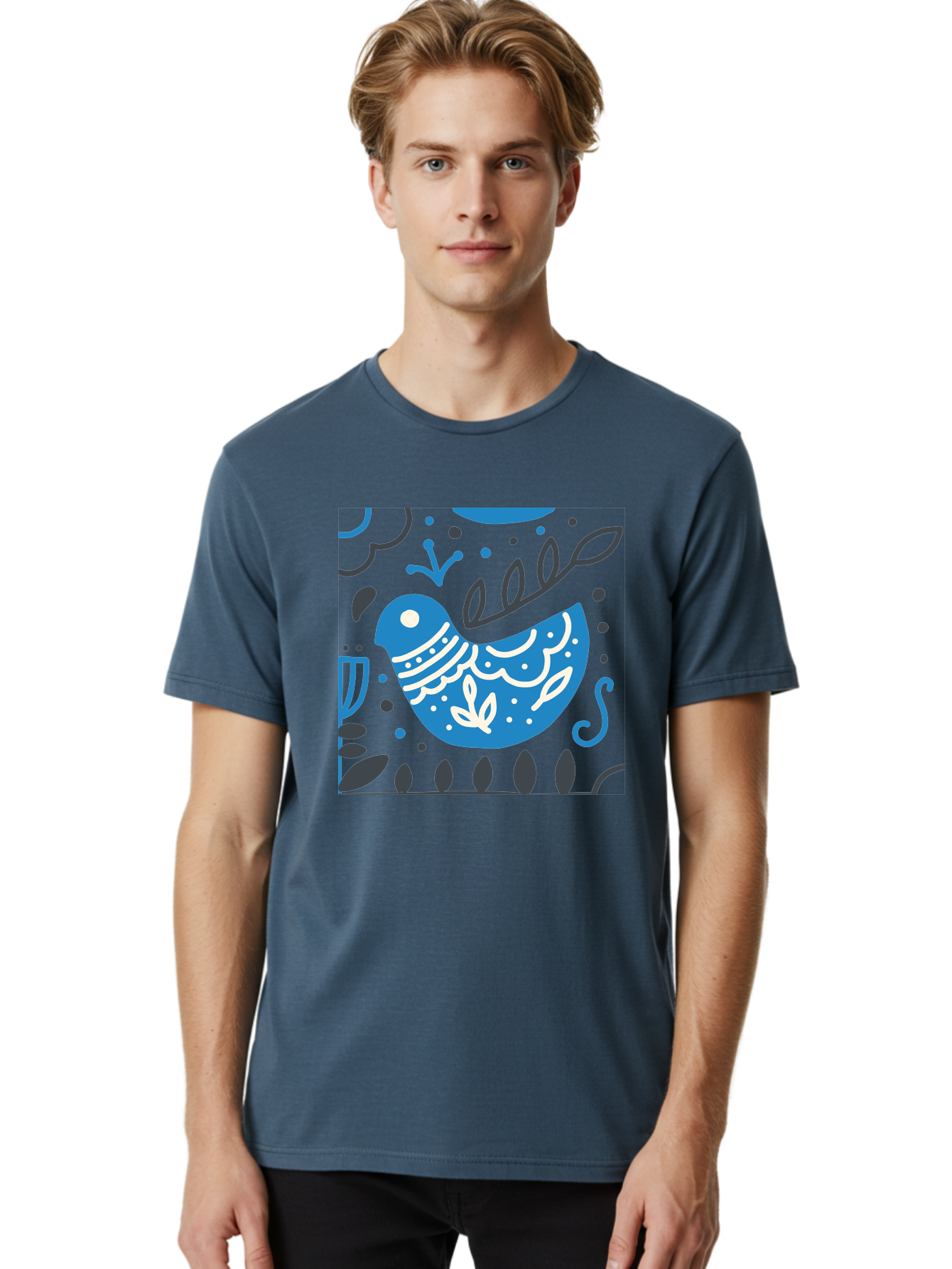 Blue-Bird Men'S Graphic Tee, 100% Cotton, Comfortable Casual Summer Wear, Machine Washable, Blue Bird, Floral Patterns, Whimsical Design, Abstract Shapes, Leaves, Dots, Artistic Expression, Creative Illustration, Modern Art, Bird Silhouette Aab665 14