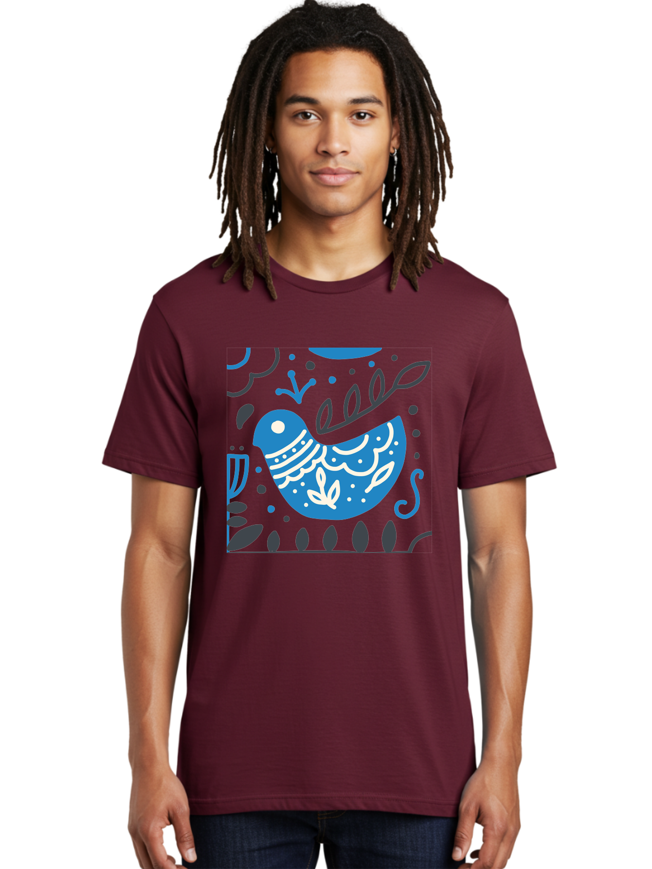 Blue-Bird Men'S Graphic Tee, 100% Cotton, Comfortable Casual Summer Wear, Machine Washable, Blue Bird, Floral Patterns, Whimsical Design, Abstract Shapes, Leaves, Dots, Artistic Expression, Creative Illustration, Modern Art, Bird Silhouette Aab665 18