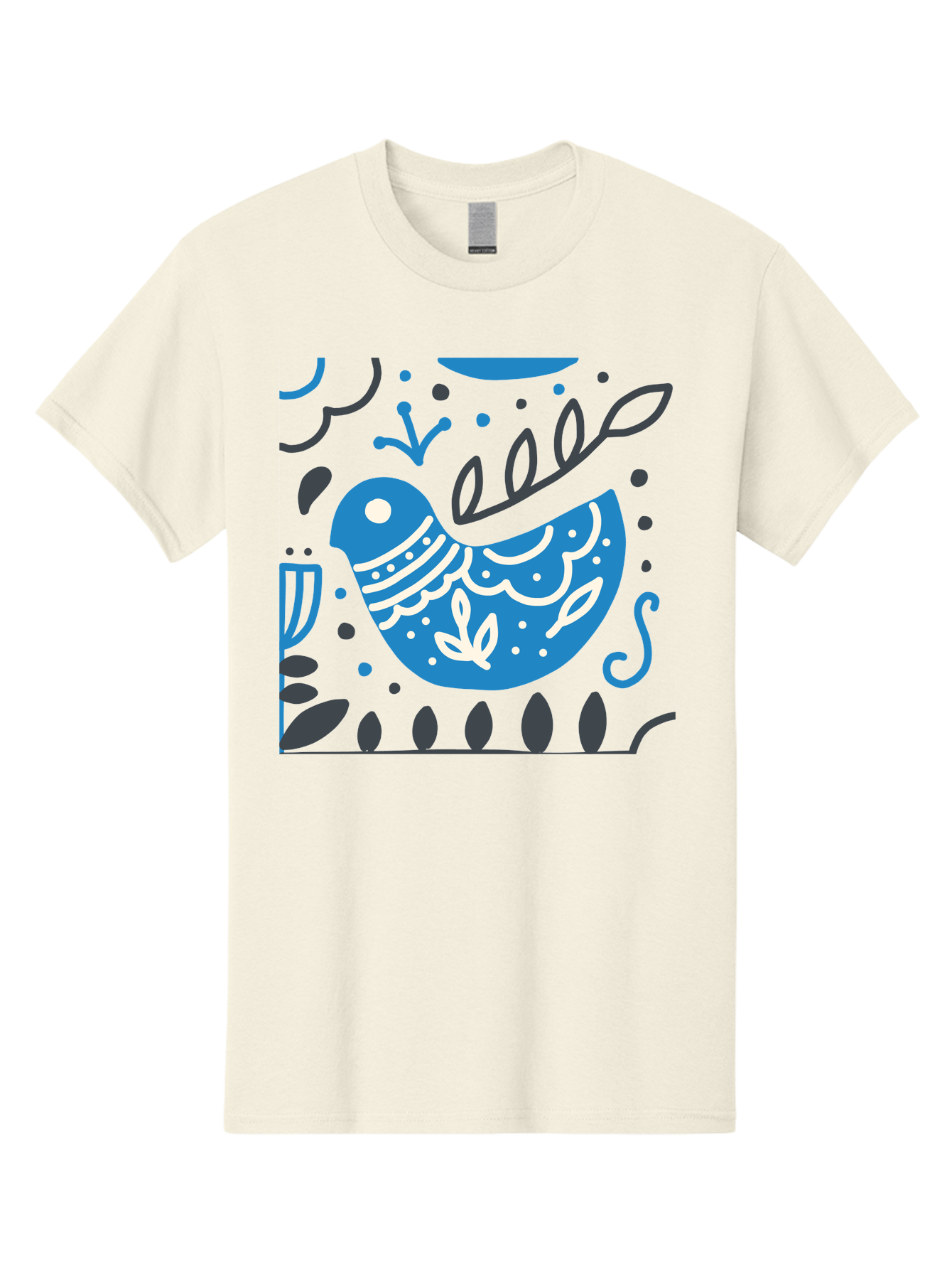 Blue-Bird Men'S Graphic Tee, 100% Cotton, Comfortable Casual Summer Wear, Machine Washable, Blue Bird, Floral Patterns, Whimsical Design, Abstract Shapes, Leaves, Dots, Artistic Expression, Creative Illustration, Modern Art, Bird Silhouette Aab665 25