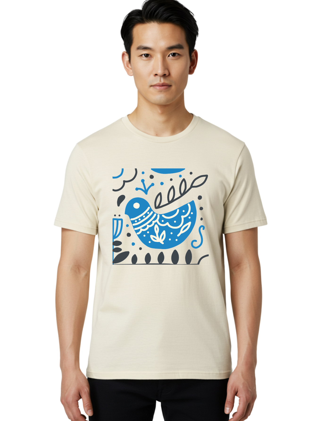 Blue-Bird Men'S Graphic Tee, 100% Cotton, Comfortable Casual Summer Wear, Machine Washable, Blue Bird, Floral Patterns, Whimsical Design, Abstract Shapes, Leaves, Dots, Artistic Expression, Creative Illustration, Modern Art, Bird Silhouette Aab665 26