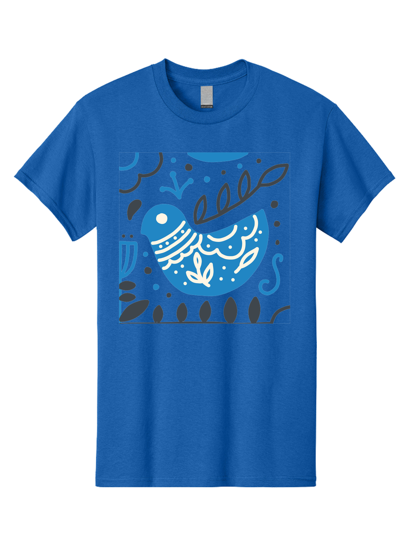 Blue-Bird Men'S Graphic Tee, 100% Cotton, Comfortable Casual Summer Wear, Machine Washable, Blue Bird, Floral Patterns, Whimsical Design, Abstract Shapes, Leaves, Dots, Artistic Expression, Creative Illustration, Modern Art, Bird Silhouette Aab665 7
