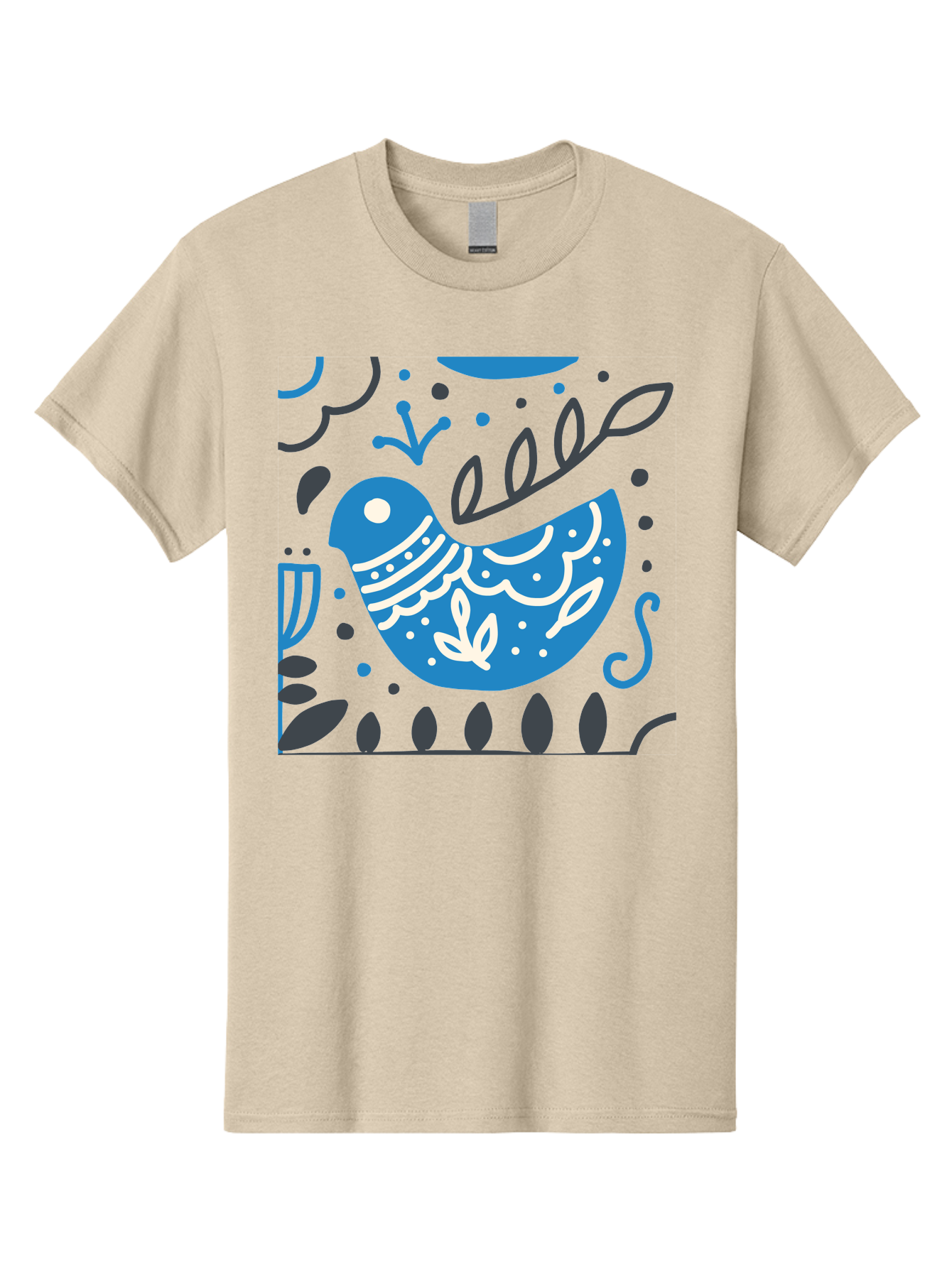 Blue-Bird Men'S Graphic Tee, 100% Cotton, Comfortable Casual Summer Wear, Machine Washable, Blue Bird, Floral Patterns, Whimsical Design, Abstract Shapes, Leaves, Dots, Artistic Expression, Creative Illustration, Modern Art, Bird Silhouette Aab665 15