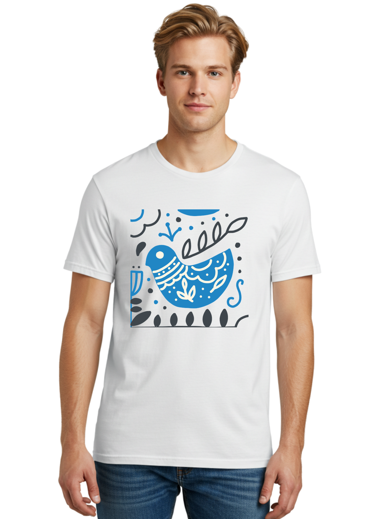 Blue-Bird Men'S Graphic Tee, 100% Cotton, Comfortable Casual Summer Wear, Machine Washable, Blue Bird, Floral Patterns, Whimsical Design, Abstract Shapes, Leaves, Dots, Artistic Expression, Creative Illustration, Modern Art, Bird Silhouette Aab665 20