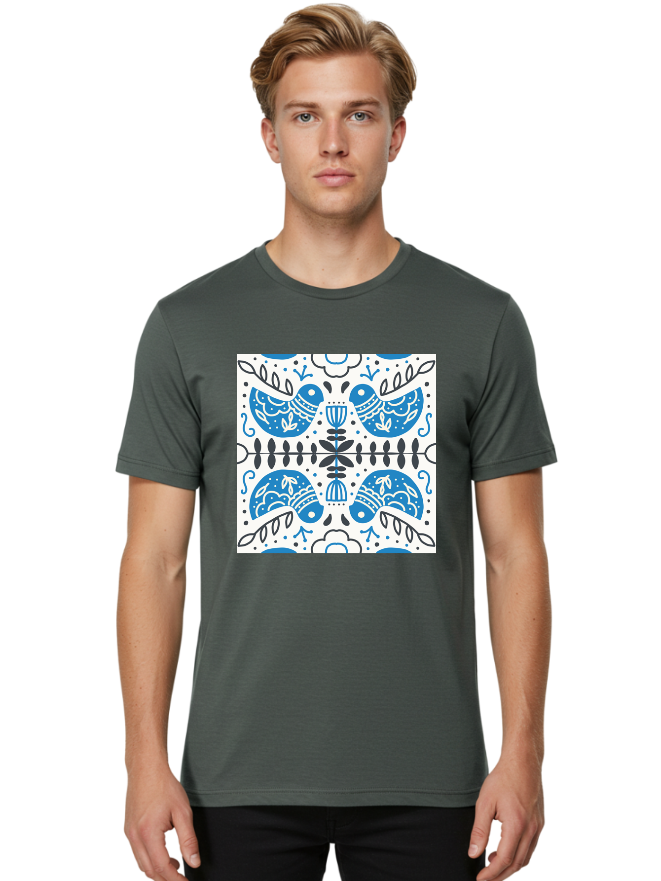 Blue-Birds-Pattern Men'S Graphic Tee, 100% Cotton, Comfortable Casual Summer Wear, Machine Washable, Symmetrical Pattern, Blue Birds, White And Black Accents, Floral Motifs, Traditional Folk Art, Ornate Details, Vintage Design, Aab666 12