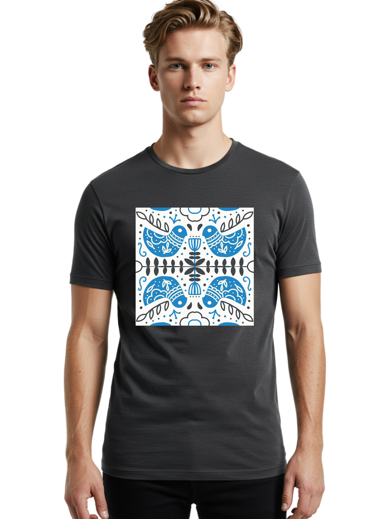 Blue-Birds-Pattern Men'S Graphic Tee, 100% Cotton, Comfortable Casual Summer Wear, Machine Washable, Symmetrical Pattern, Blue Birds, White And Black Accents, Floral Motifs, Traditional Folk Art, Ornate Details, Vintage Design, Aab666 30