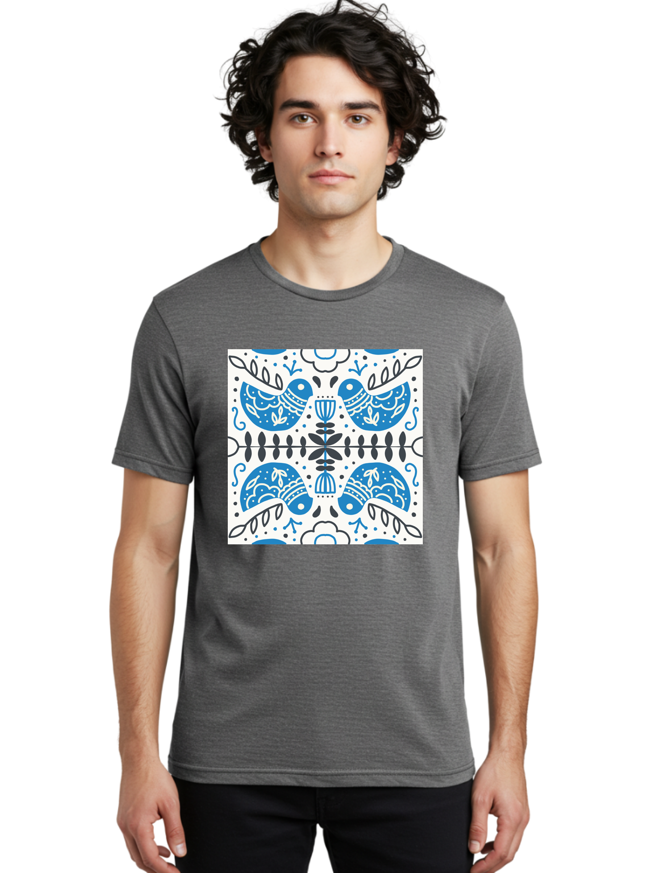 Blue-Birds-Pattern Men'S Graphic Tee, 100% Cotton, Comfortable Casual Summer Wear, Machine Washable, Symmetrical Pattern, Blue Birds, White And Black Accents, Floral Motifs, Traditional Folk Art, Ornate Details, Vintage Design, Aab666 8