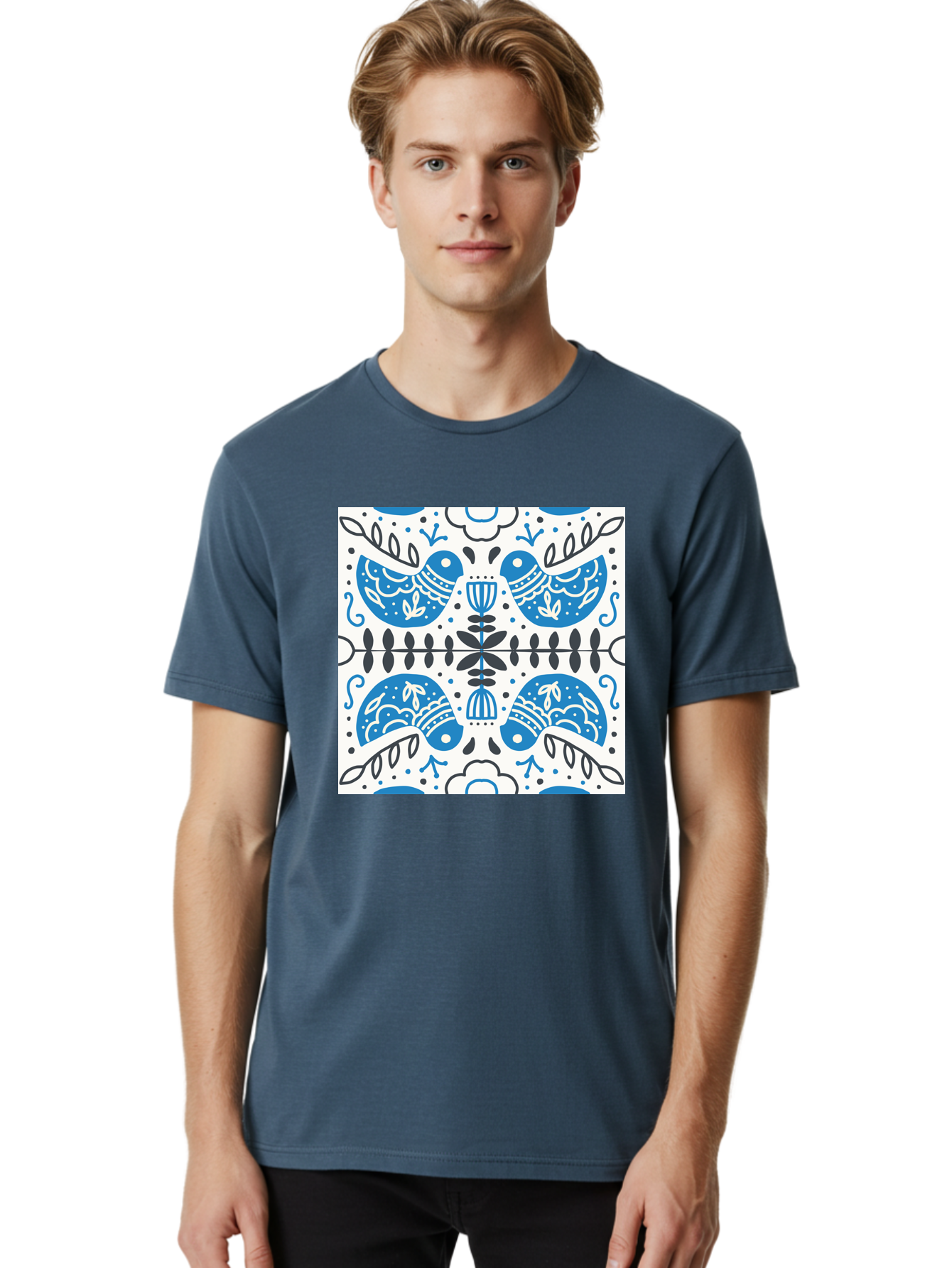 Blue-Birds-Pattern Men'S Graphic Tee, 100% Cotton, Comfortable Casual Summer Wear, Machine Washable, Symmetrical Pattern, Blue Birds, White And Black Accents, Floral Motifs, Traditional Folk Art, Ornate Details, Vintage Design, Aab666 14