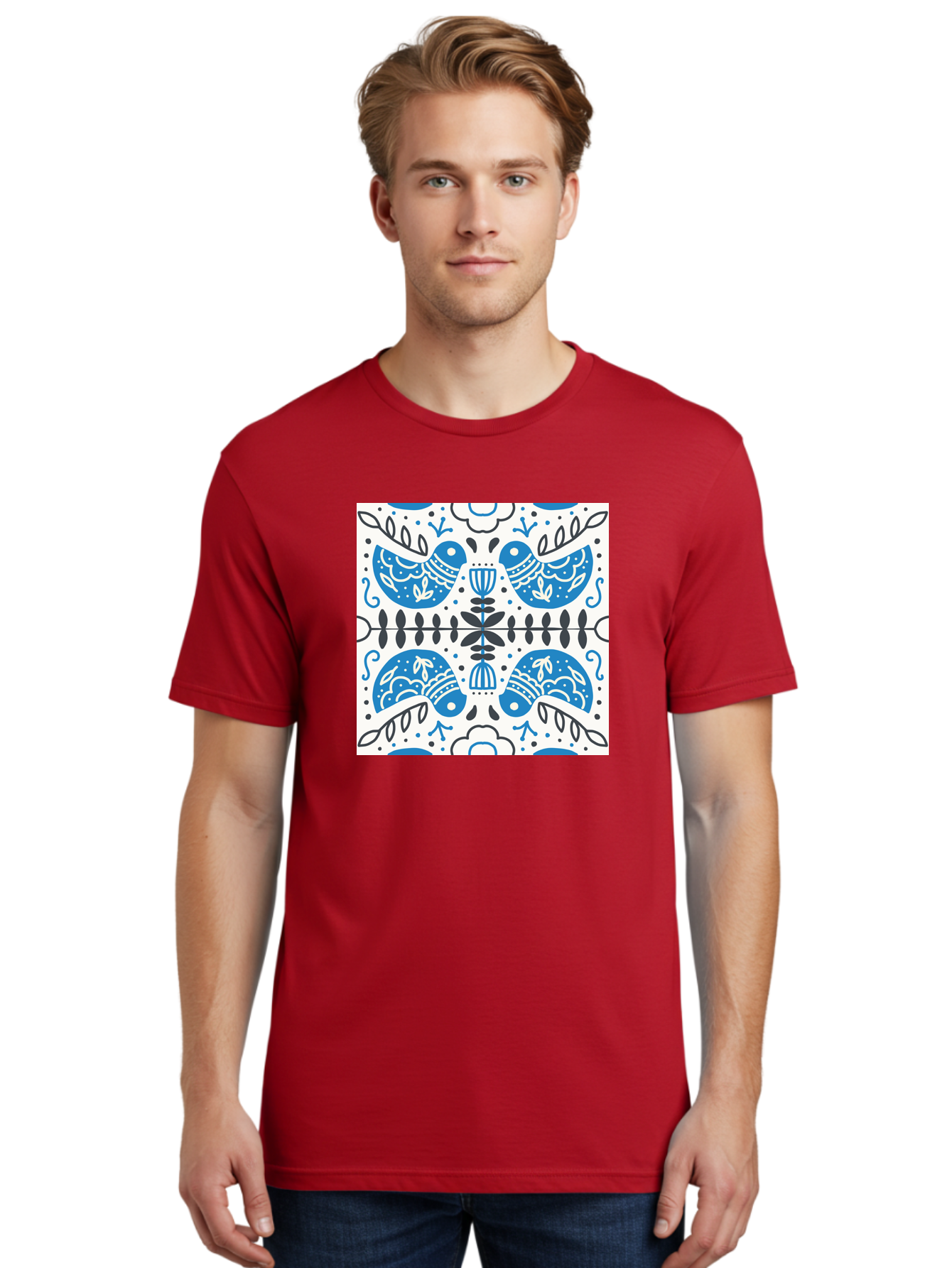 Blue-Birds-Pattern Men'S Graphic Tee, 100% Cotton, Comfortable Casual Summer Wear, Machine Washable, Symmetrical Pattern, Blue Birds, White And Black Accents, Floral Motifs, Traditional Folk Art, Ornate Details, Vintage Design, Aab666 26