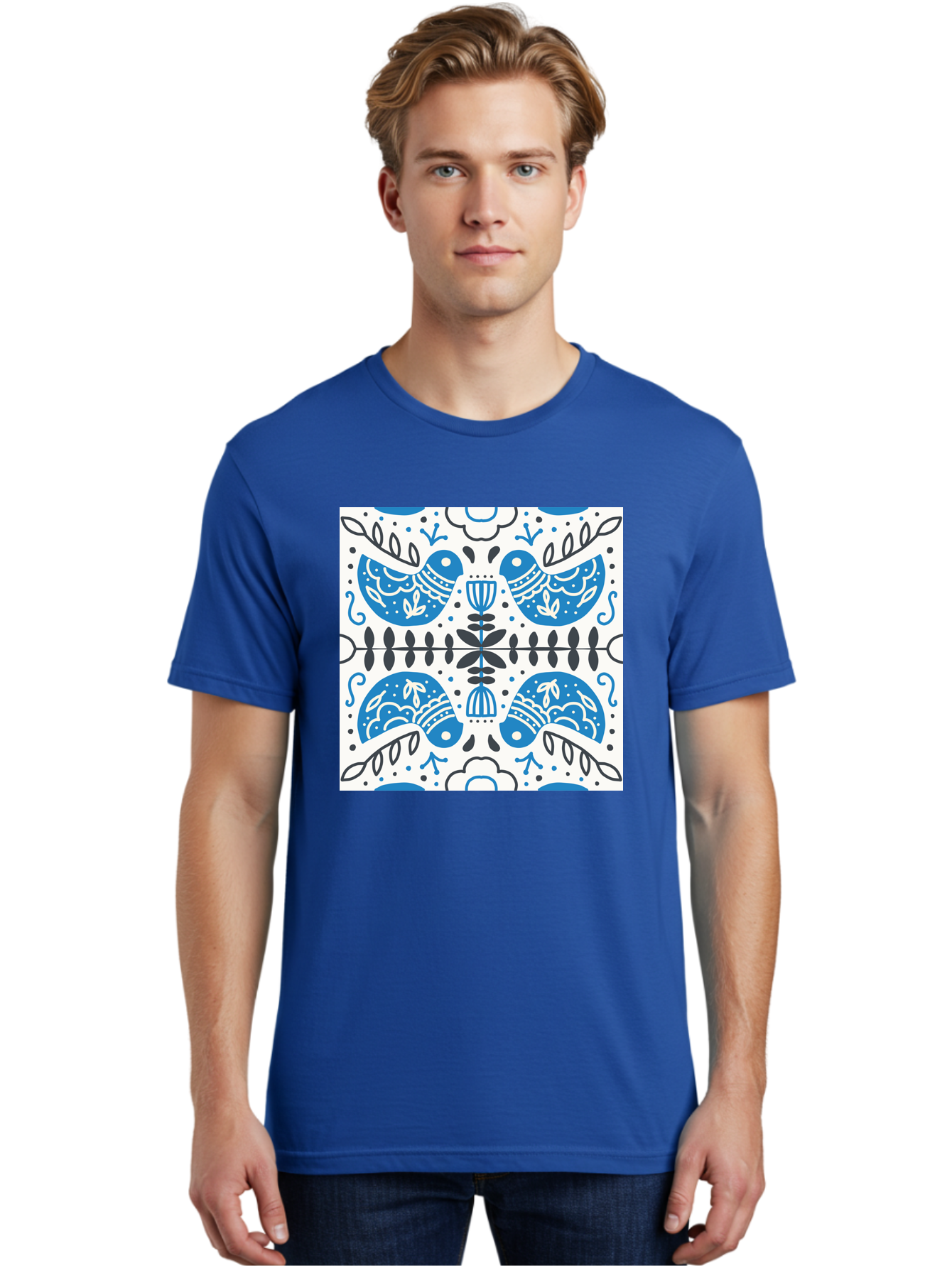Blue-Birds-Pattern Men'S Graphic Tee, 100% Cotton, Comfortable Casual Summer Wear, Machine Washable, Symmetrical Pattern, Blue Birds, White And Black Accents, Floral Motifs, Traditional Folk Art, Ornate Details, Vintage Design, Aab666 28