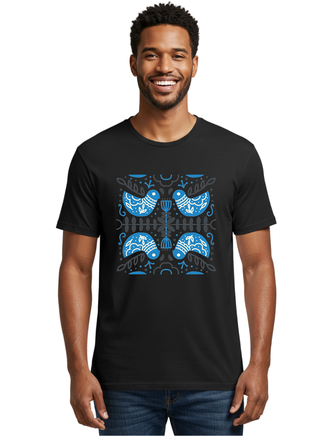 Blue-Birds Men'S Graphic Tee, 100% Cotton, Comfortable Casual Summer Wear, Machine Washable, Stylized Birds, Floral Patterns, Blue And White Illustrations, Leaf Motifs, Abstract Designs, Symmetrical Composition, Vintage Style, Folk Art Aab667 28