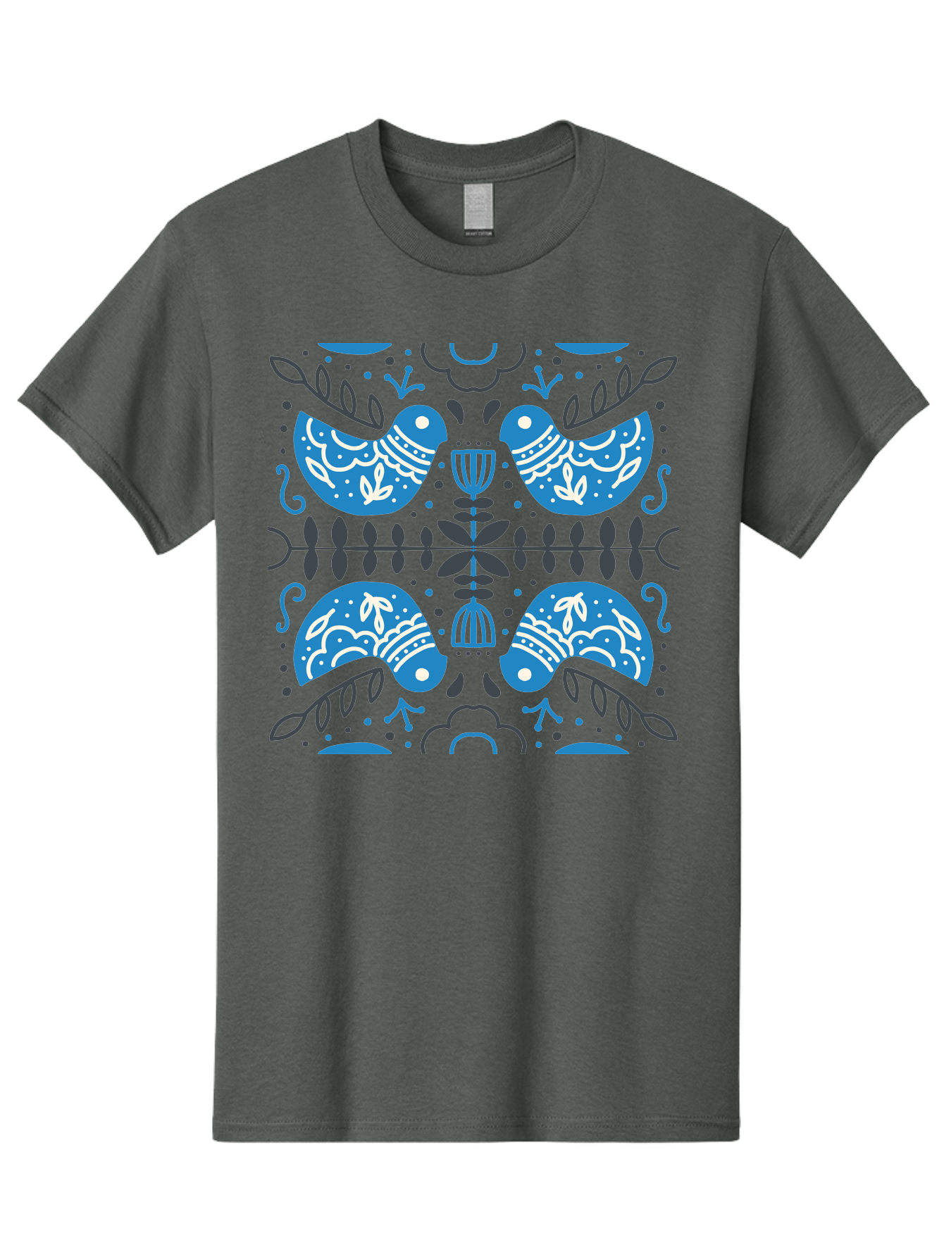 Blue-Birds Men'S Graphic Tee, 100% Cotton, Comfortable Casual Summer Wear, Machine Washable, Stylized Birds, Floral Patterns, Blue And White Illustrations, Leaf Motifs, Abstract Designs, Symmetrical Composition, Vintage Style, Folk Art Aab667 1