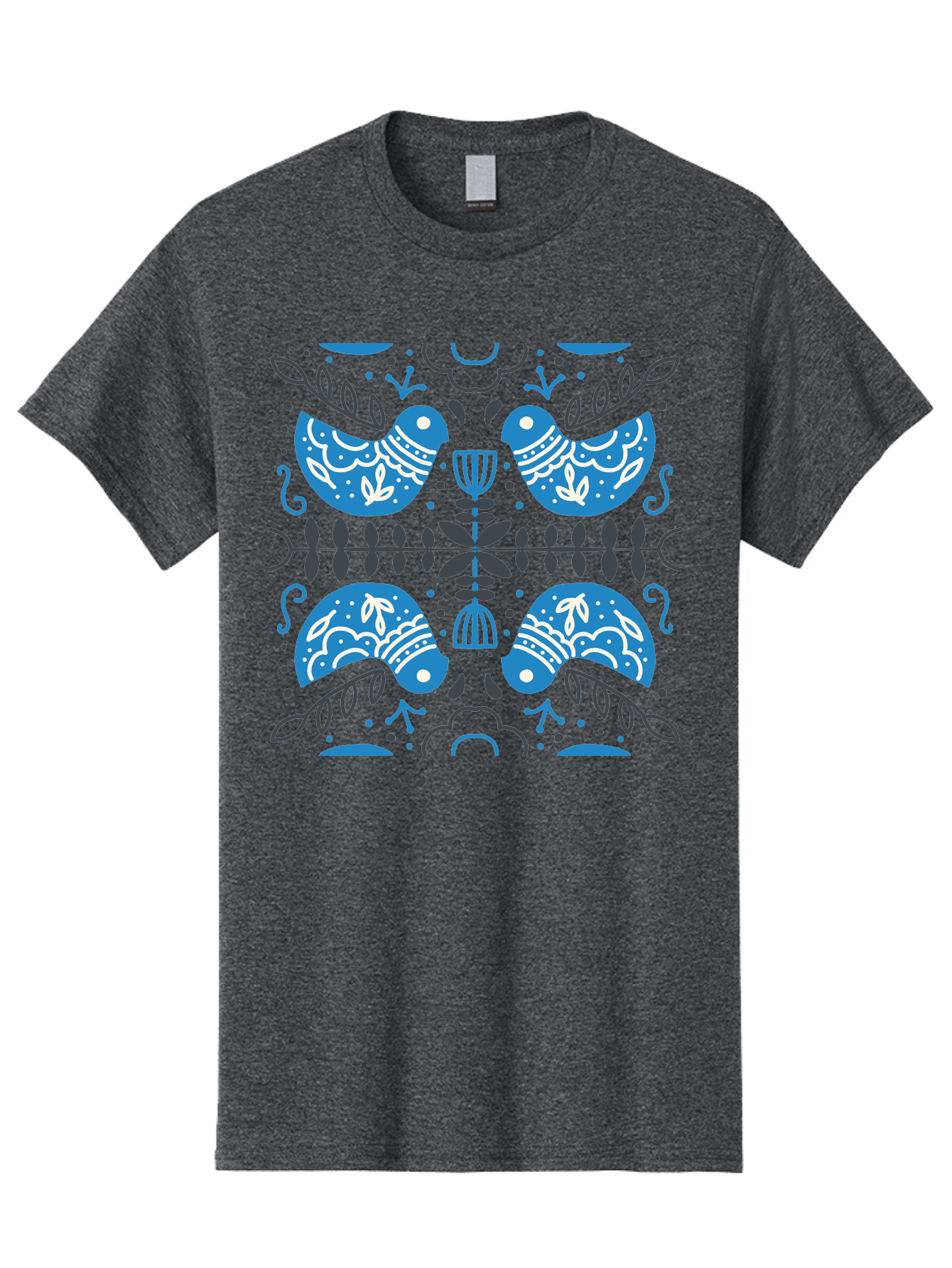 Blue-Birds Men'S Graphic Tee, 100% Cotton, Comfortable Casual Summer Wear, Machine Washable, Stylized Birds, Floral Patterns, Blue And White Illustrations, Leaf Motifs, Abstract Designs, Symmetrical Composition, Vintage Style, Folk Art Aab667 15