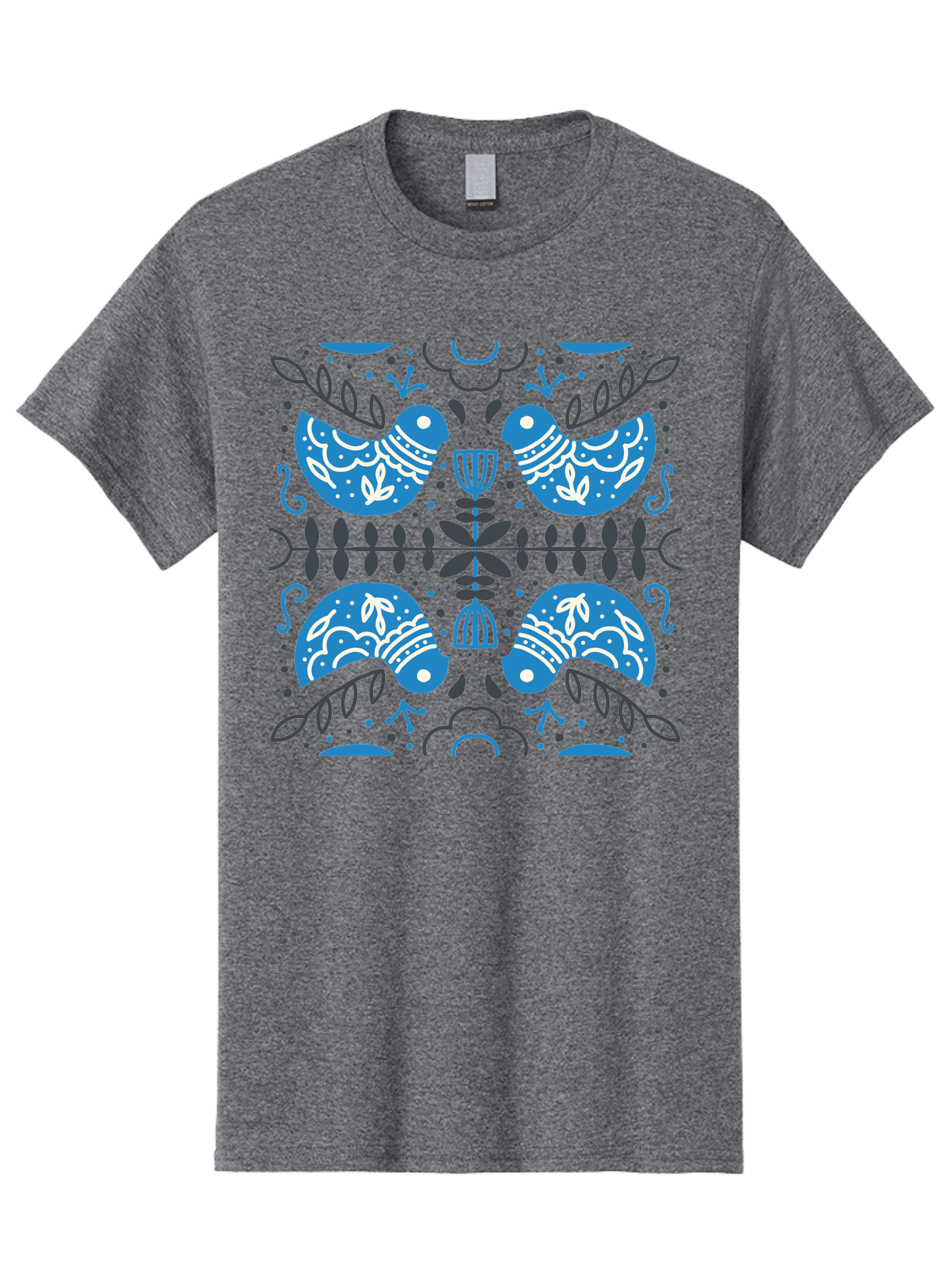 Blue-Birds Men'S Graphic Tee, 100% Cotton, Comfortable Casual Summer Wear, Machine Washable, Stylized Birds, Floral Patterns, Blue And White Illustrations, Leaf Motifs, Abstract Designs, Symmetrical Composition, Vintage Style, Folk Art Aab667 13