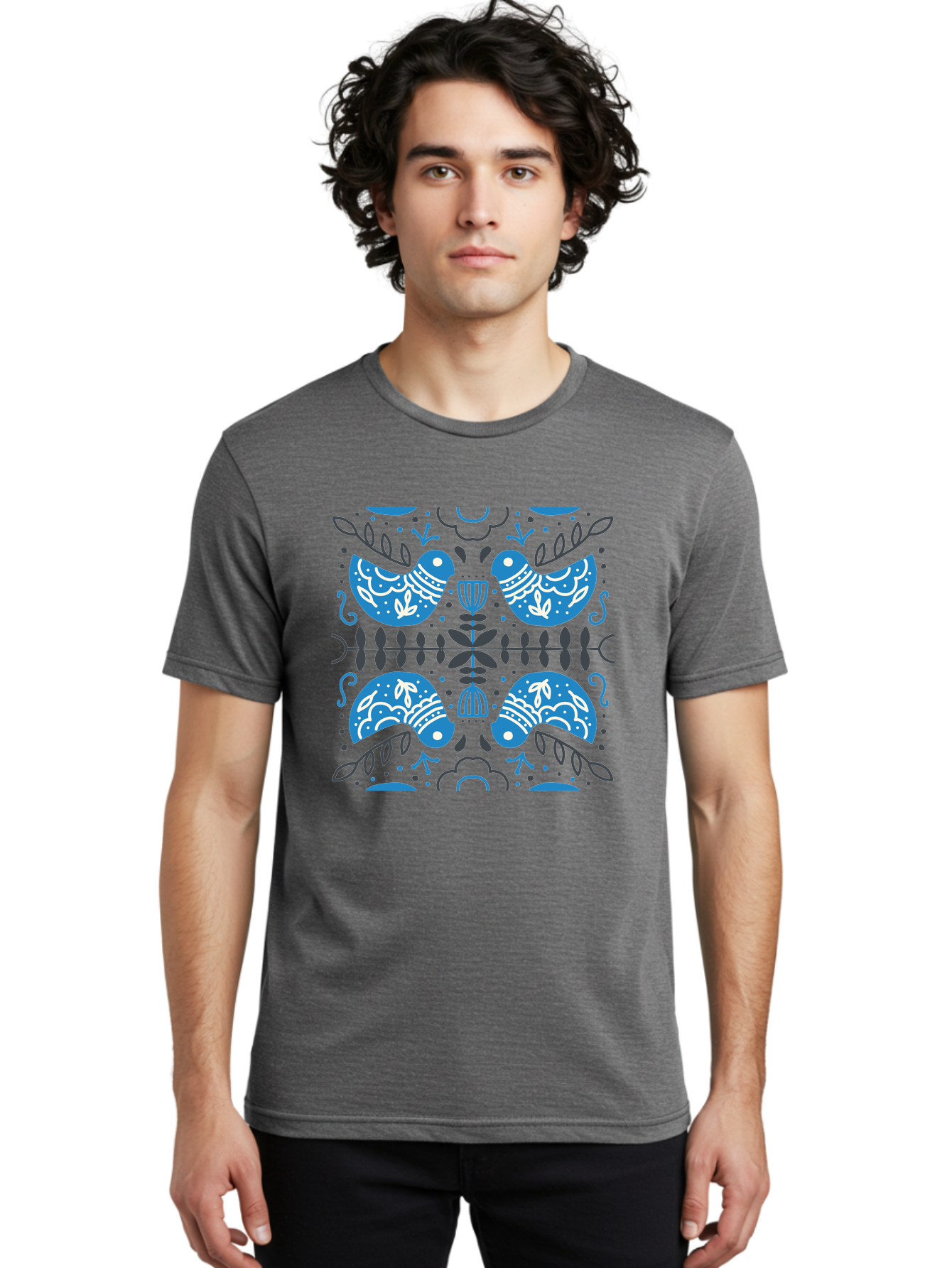 Blue-Birds Men'S Graphic Tee, 100% Cotton, Comfortable Casual Summer Wear, Machine Washable, Stylized Birds, Floral Patterns, Blue And White Illustrations, Leaf Motifs, Abstract Designs, Symmetrical Composition, Vintage Style, Folk Art Aab667 14