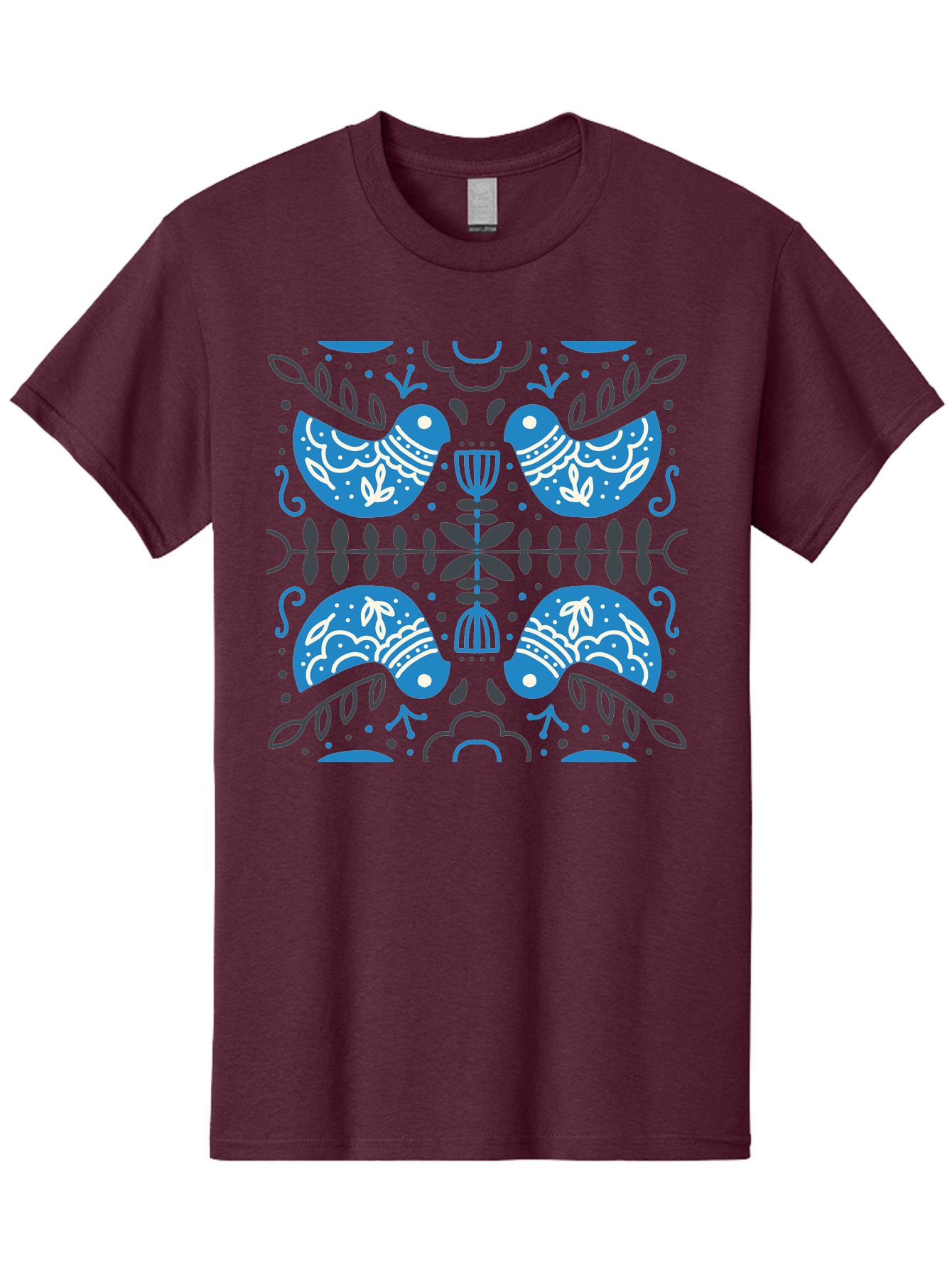 Blue-Birds Men'S Graphic Tee, 100% Cotton, Comfortable Casual Summer Wear, Machine Washable, Stylized Birds, Floral Patterns, Blue And White Illustrations, Leaf Motifs, Abstract Designs, Symmetrical Composition, Vintage Style, Folk Art Aab667 23
