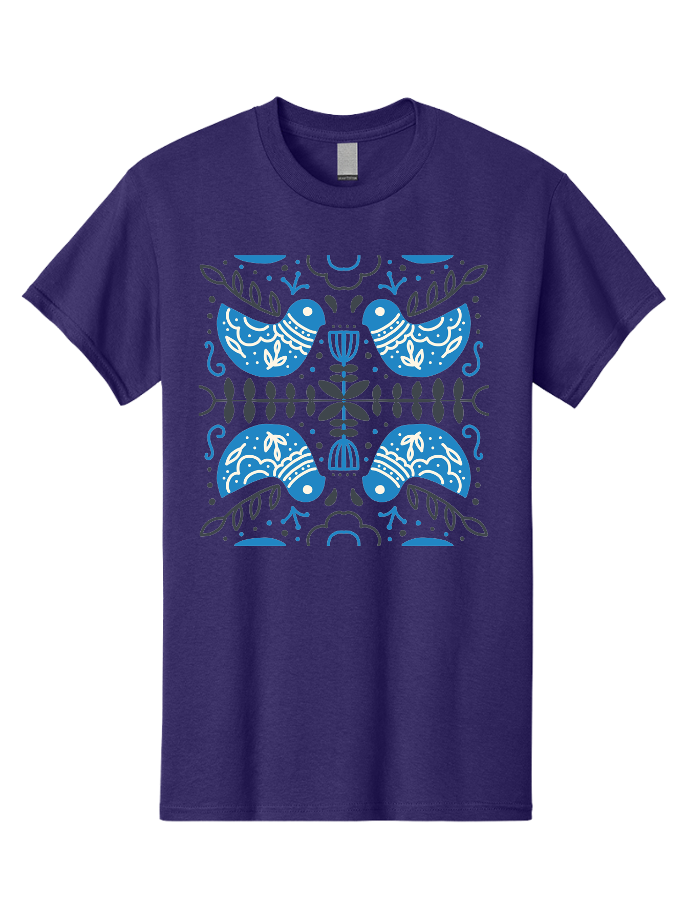 Blue-Birds Men'S Graphic Tee, 100% Cotton, Comfortable Casual Summer Wear, Machine Washable, Stylized Birds, Floral Patterns, Blue And White Illustrations, Leaf Motifs, Abstract Designs, Symmetrical Composition, Vintage Style, Folk Art Aab667 29