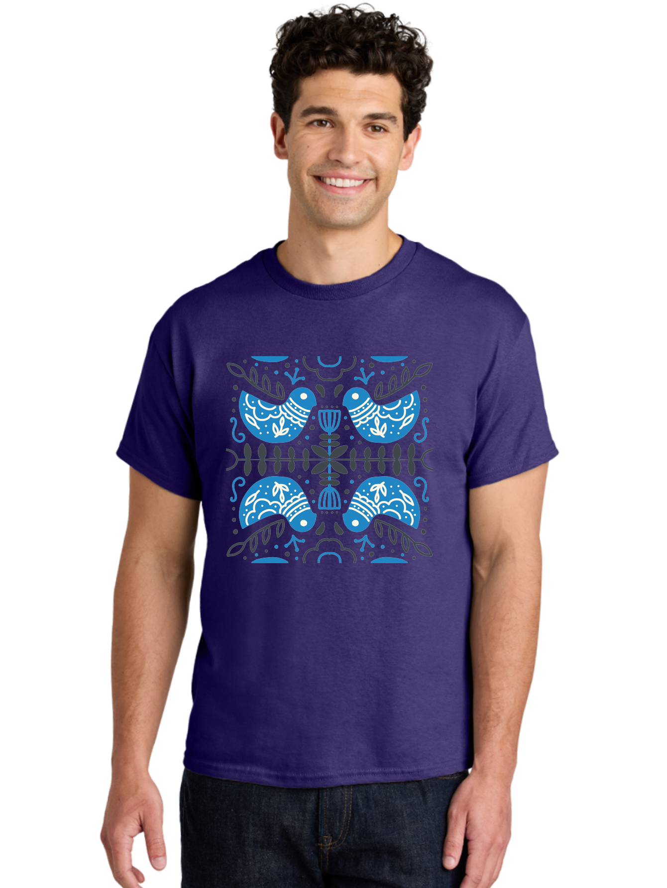 Blue-Birds Men'S Graphic Tee, 100% Cotton, Comfortable Casual Summer Wear, Machine Washable, Stylized Birds, Floral Patterns, Blue And White Illustrations, Leaf Motifs, Abstract Designs, Symmetrical Composition, Vintage Style, Folk Art Aab667 30