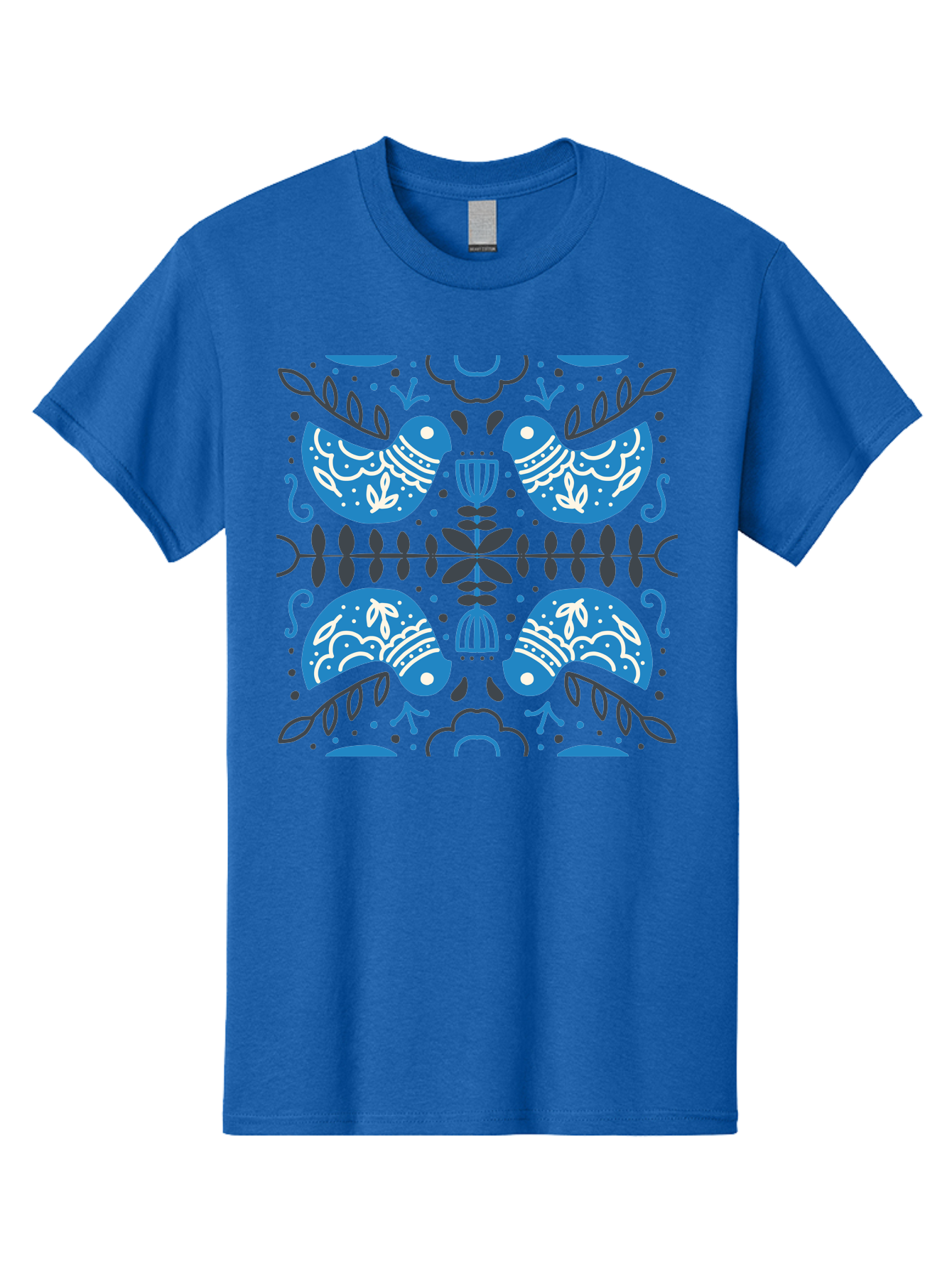 Blue-Birds Men'S Graphic Tee, 100% Cotton, Comfortable Casual Summer Wear, Machine Washable, Stylized Birds, Floral Patterns, Blue And White Illustrations, Leaf Motifs, Abstract Designs, Symmetrical Composition, Vintage Style, Folk Art Aab667 17