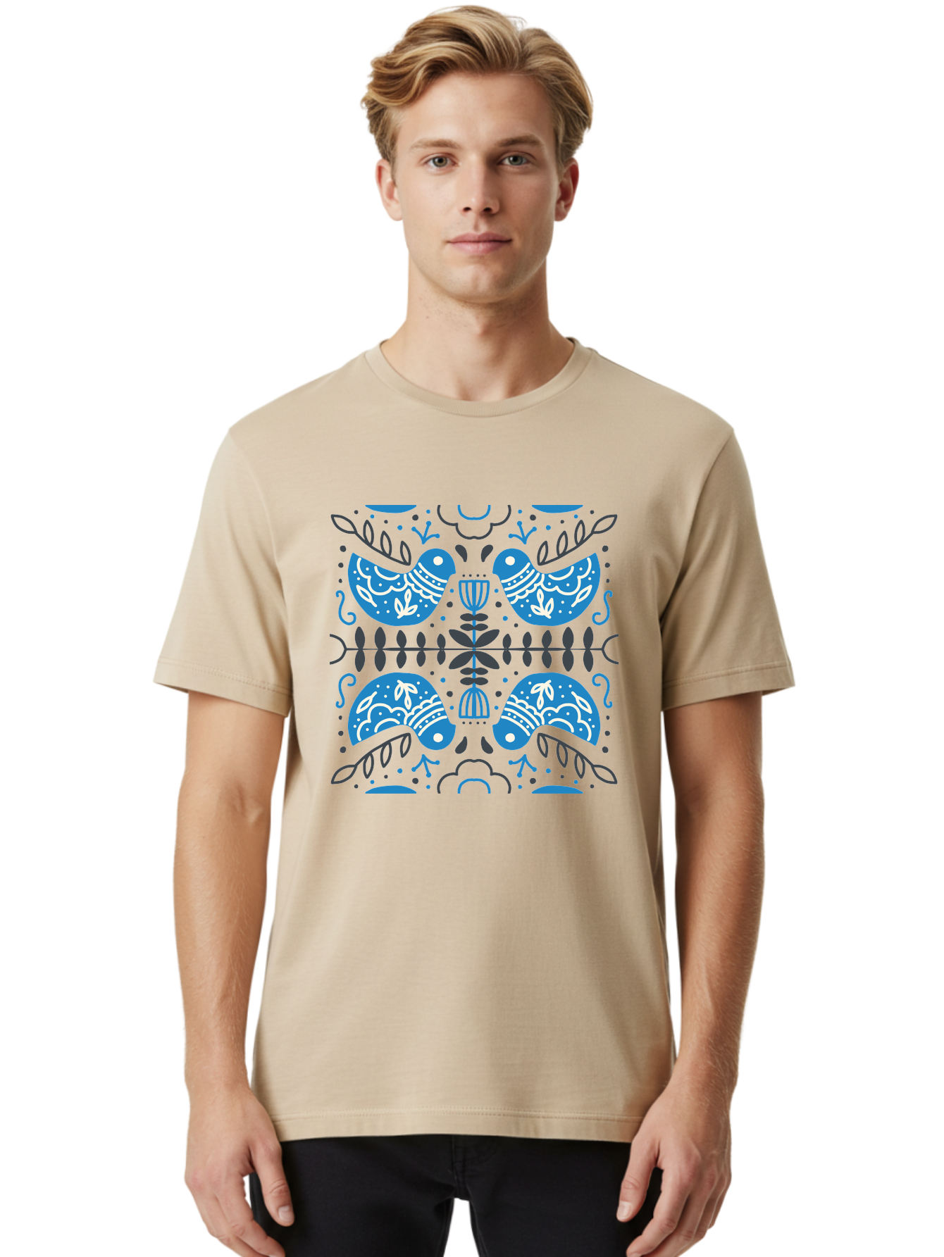Blue-Birds Men'S Graphic Tee, 100% Cotton, Comfortable Casual Summer Wear, Machine Washable, Stylized Birds, Floral Patterns, Blue And White Illustrations, Leaf Motifs, Abstract Designs, Symmetrical Composition, Vintage Style, Folk Art Aab667 12